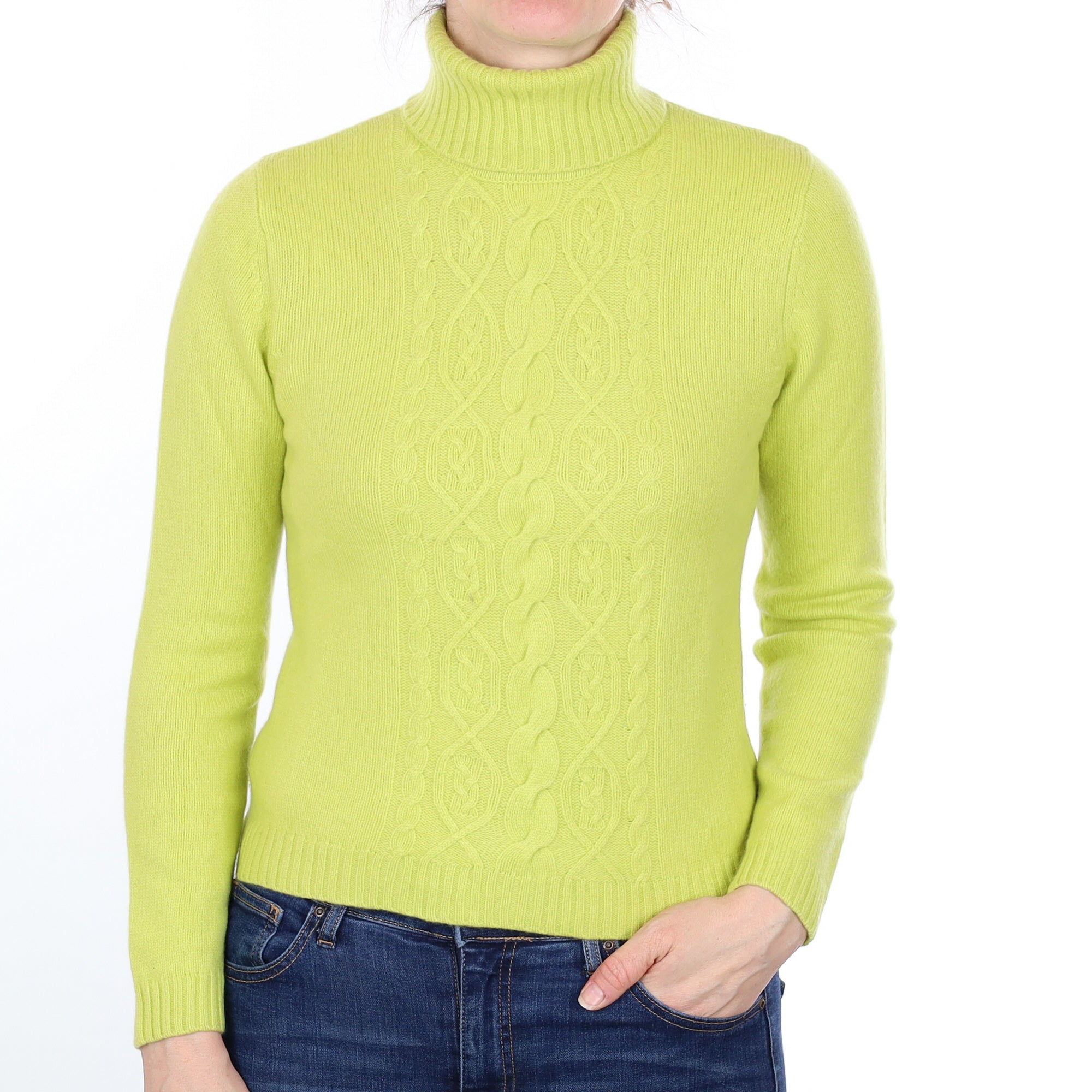 Chartreuse Green Cable Cashmere Polo Neck Jumper Small