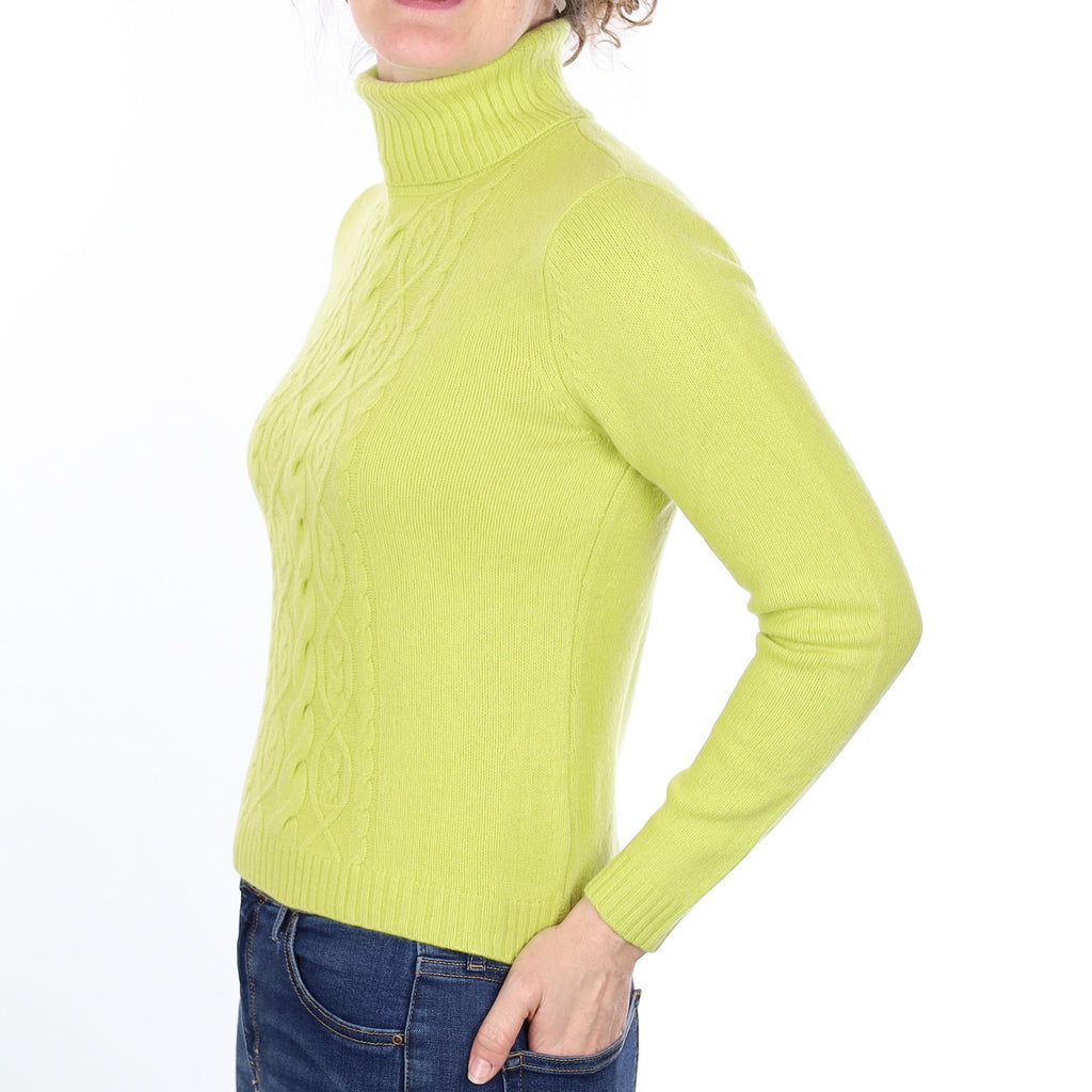 Chartreuse Green Cable Cashmere Polo Neck Jumper Small
