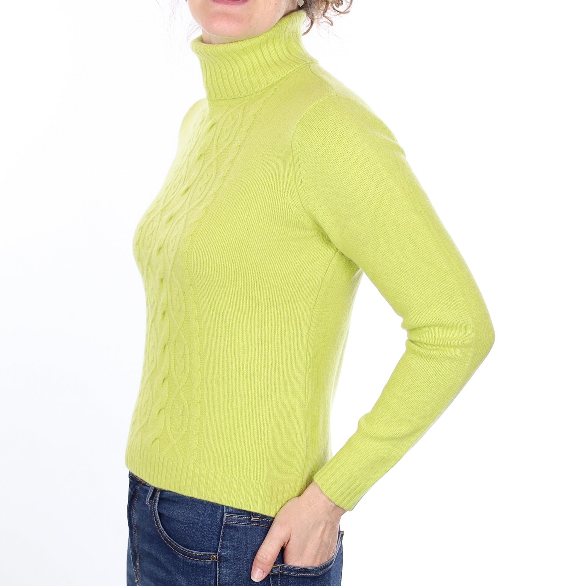 Chartreuse Green Cable Cashmere Polo Neck Jumper Small
