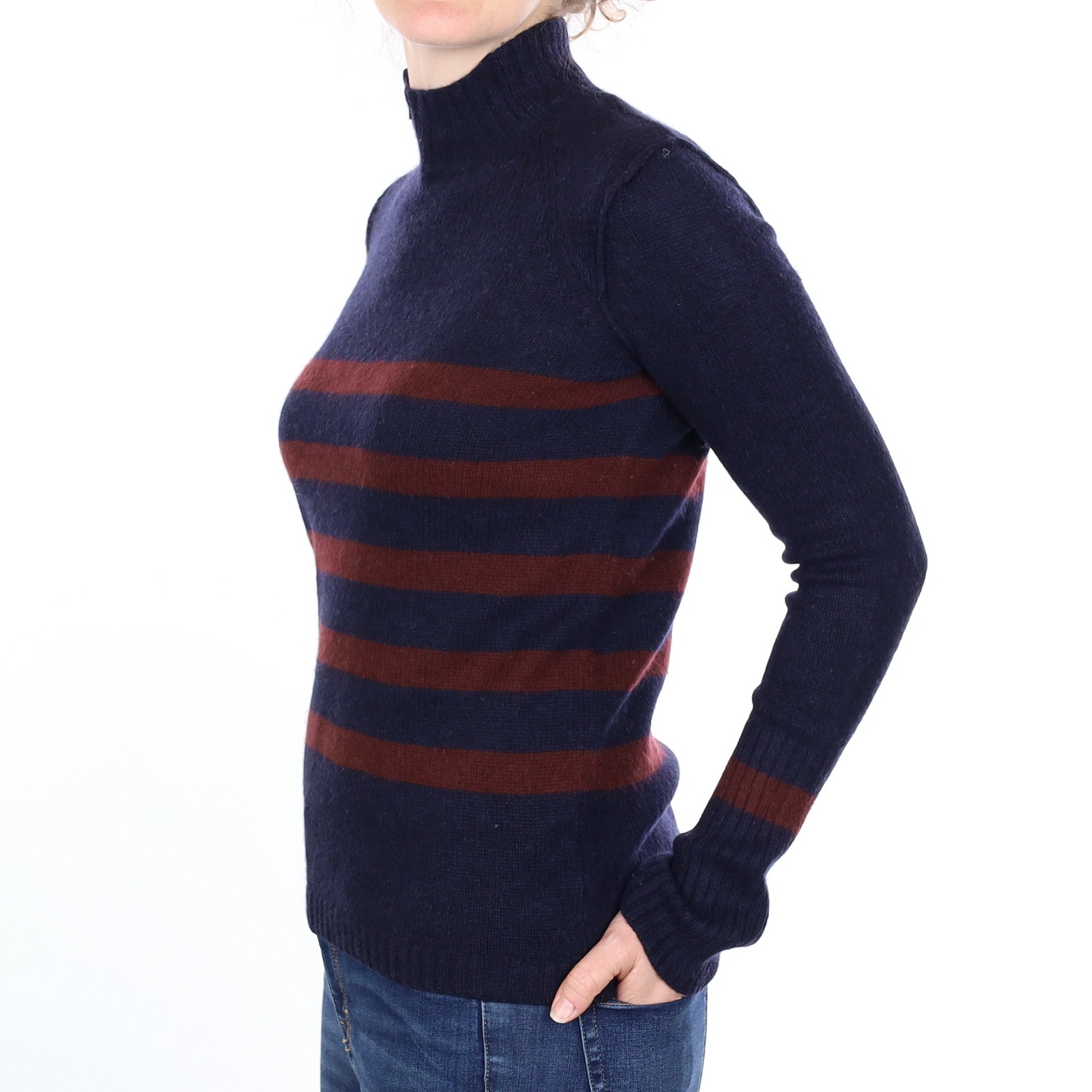 Jigsaw Navy and Rust Striped Cashmere Turtleneck Jumper Small