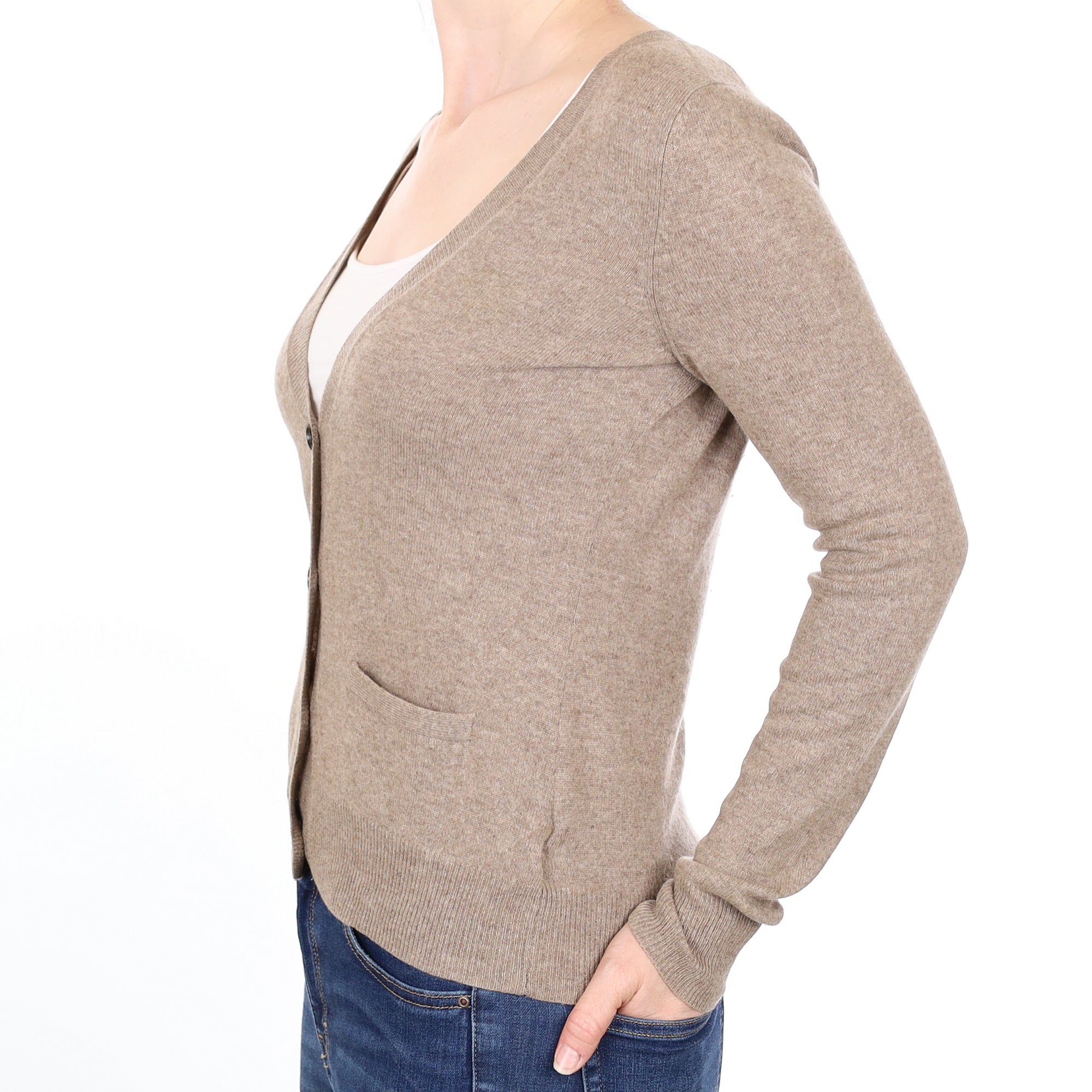 Taupe Brown Cashmere V Neck Cardigan with Pockets Small