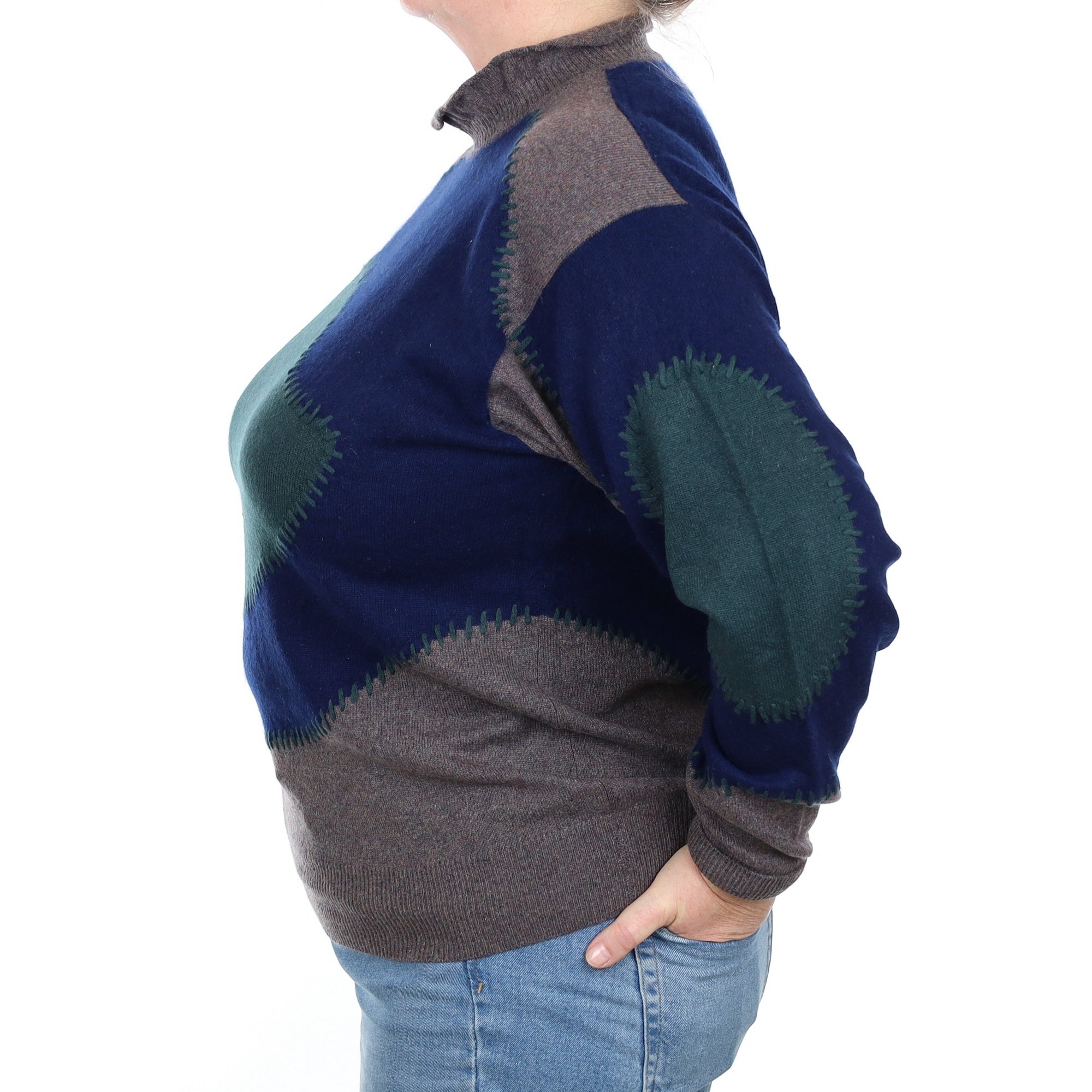 Green, Navy and Grey Patterned Cashmere Turtle Neck Jumper Extra Large