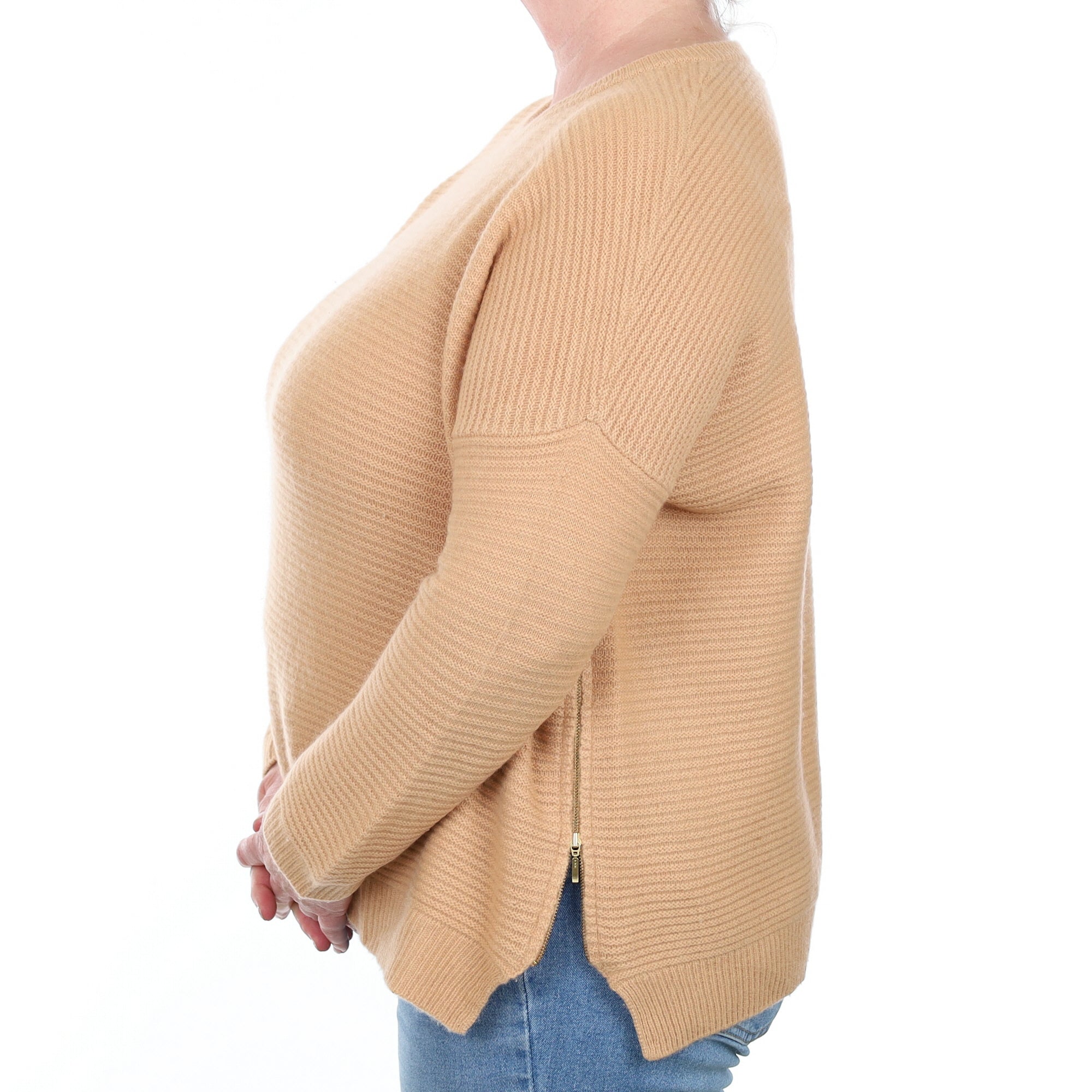Caramel Brown Ribbed Cashmere Crew Neck Jumper Extra Large