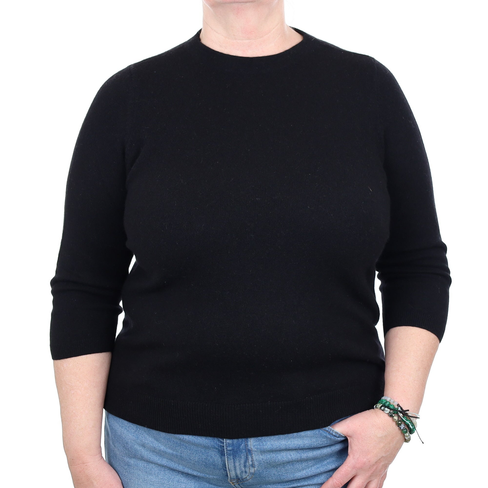 Black Cashmere 3/4 Sleeve Crew Neck Jumper Extra Large