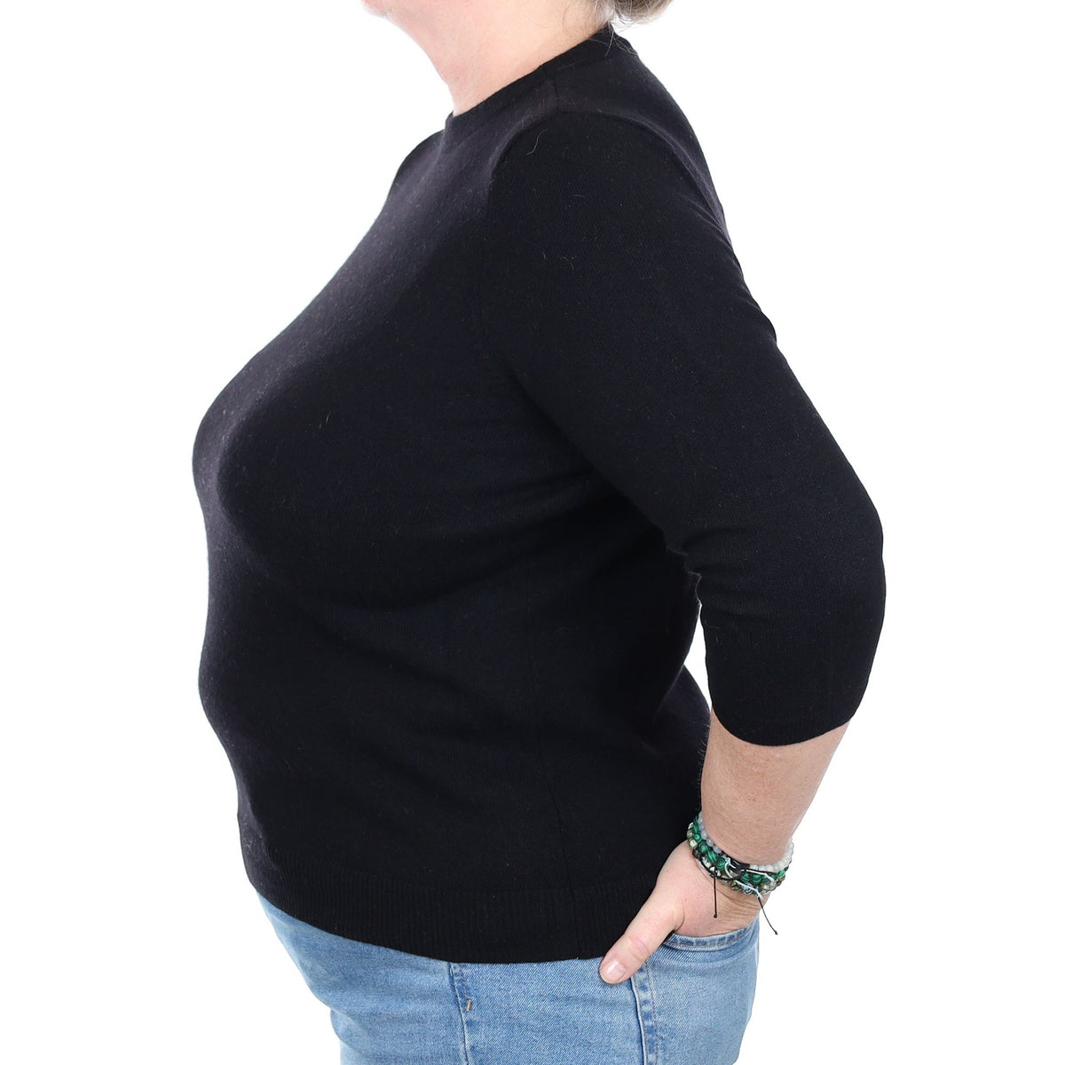 Black Cashmere 3/4 Sleeve Crew Neck Jumper Extra Large