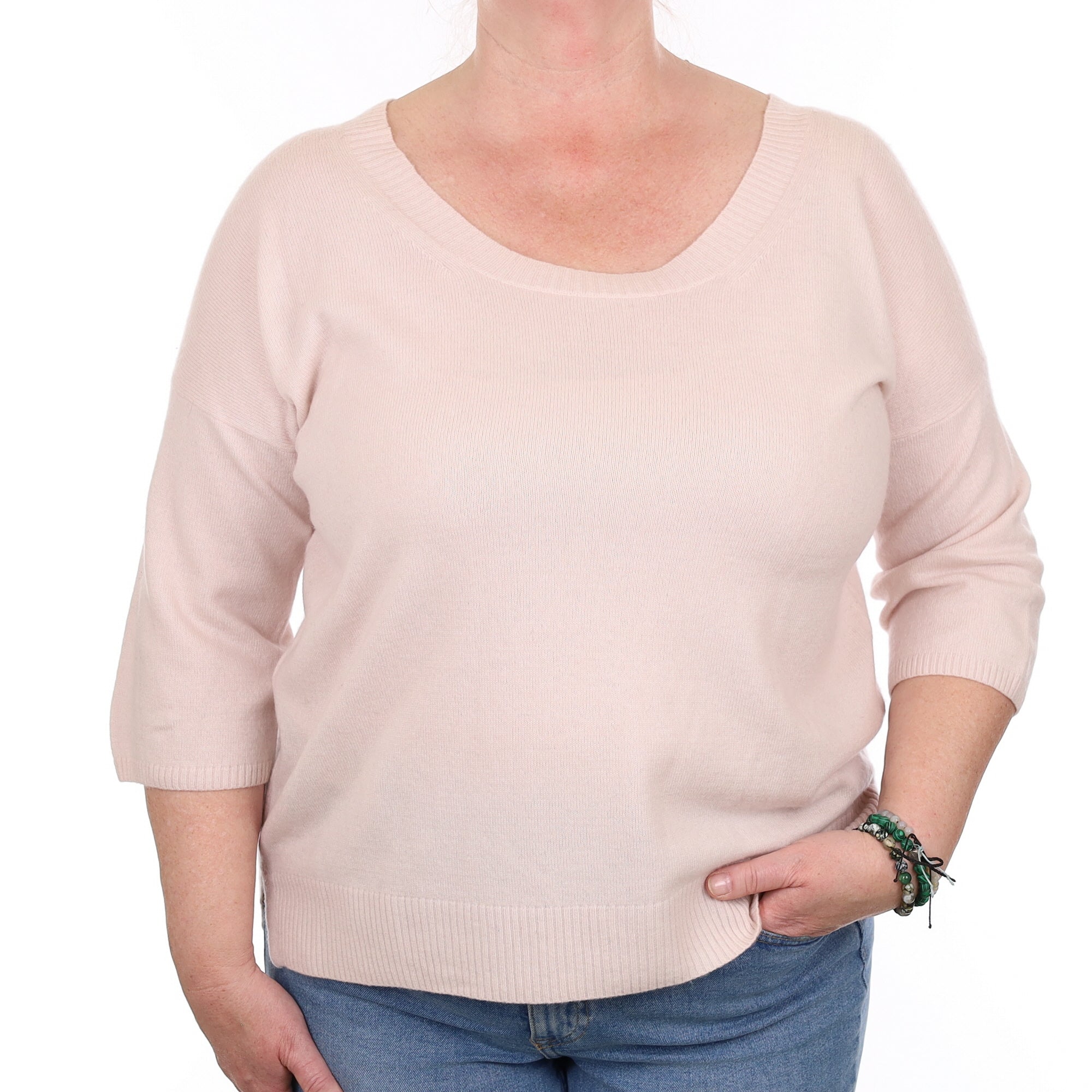 Ice Pink Cashmere 3/4 sleeve Boat Neck Jumper Extra Large