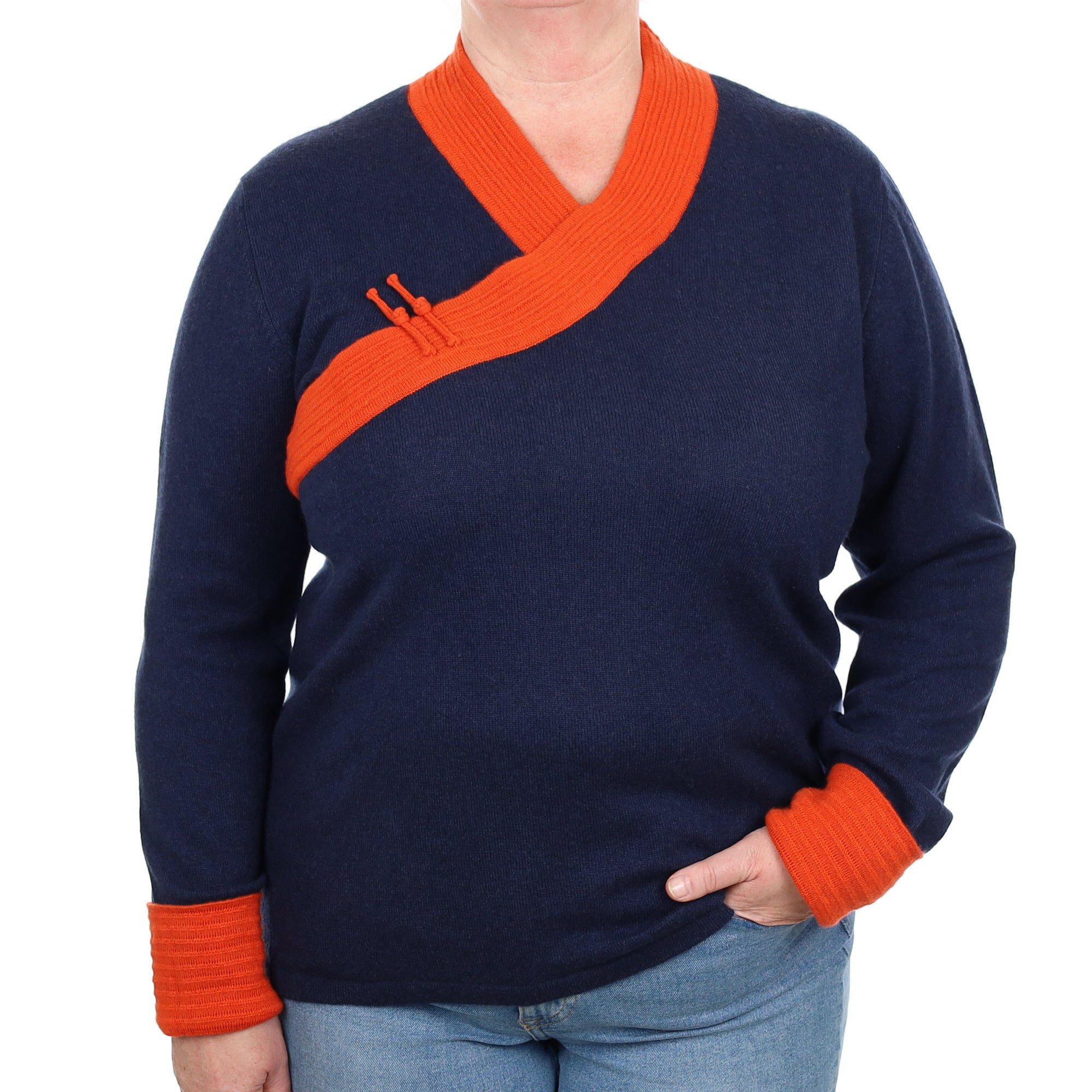 Navy and Orange Mandarin Style Cashmere V Neck Jumper Extra Large