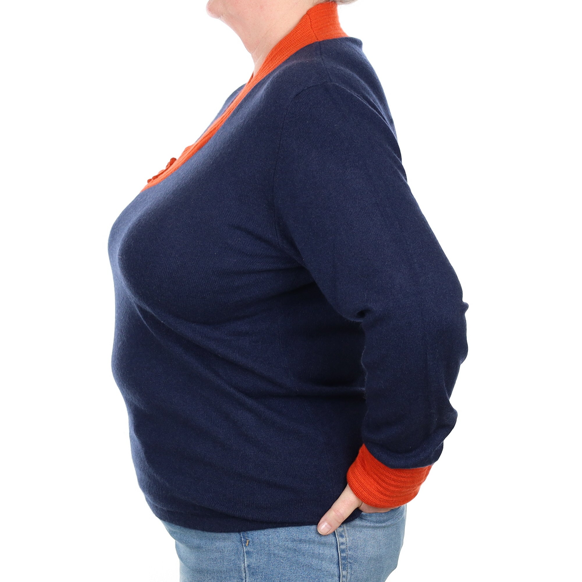 Navy and Orange Mandarin Style Cashmere V Neck Jumper Extra Large
