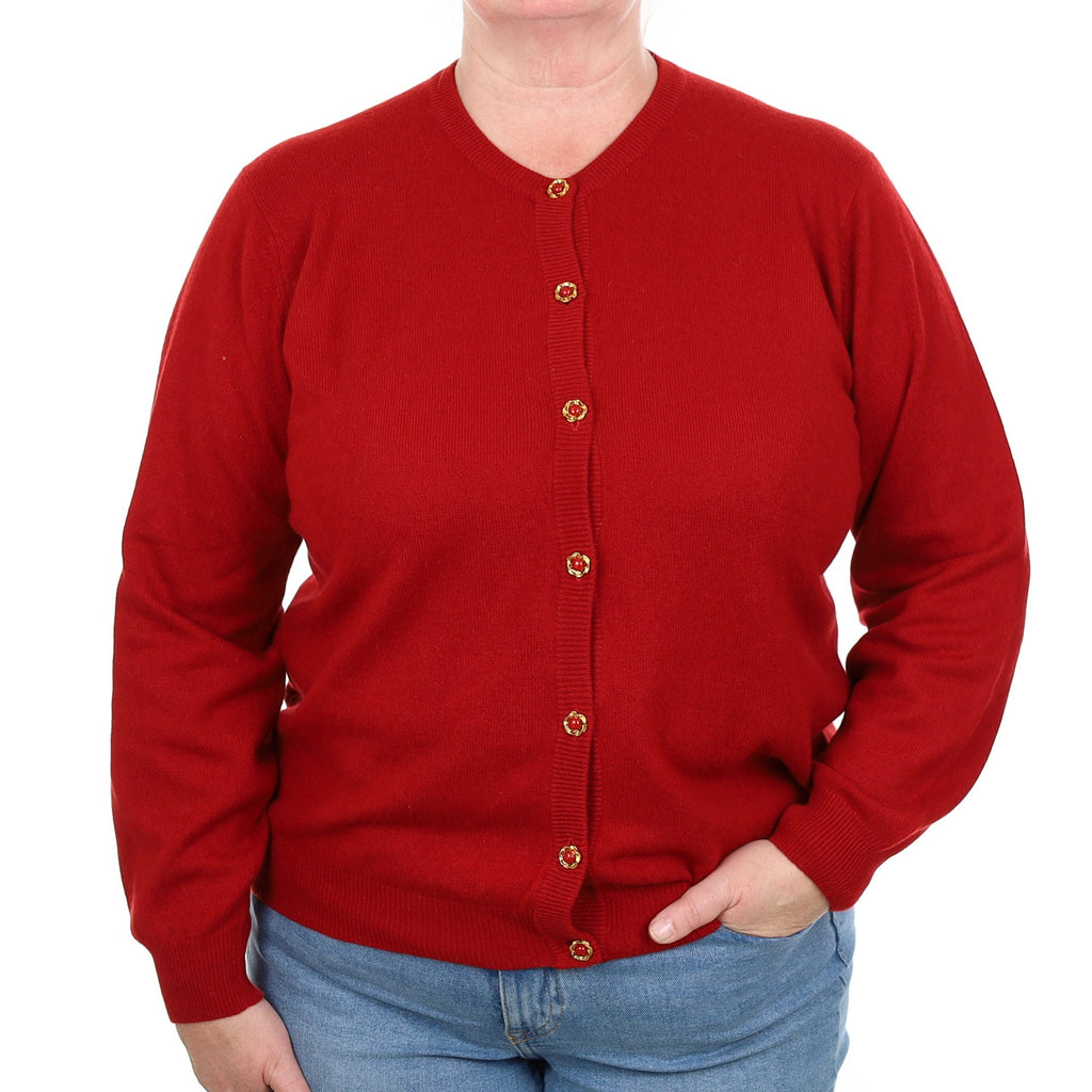 Crimson Red Cashmere Crew Neck Cardigan Extra Large