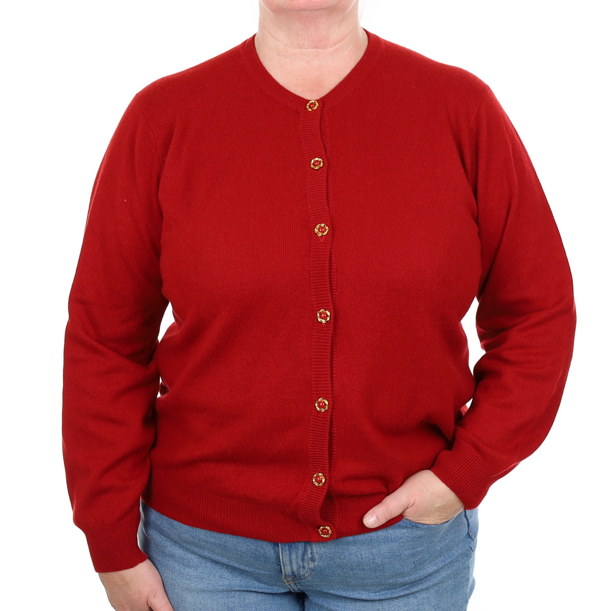 Crimson Red Cashmere Crew Neck Cardigan Extra Large