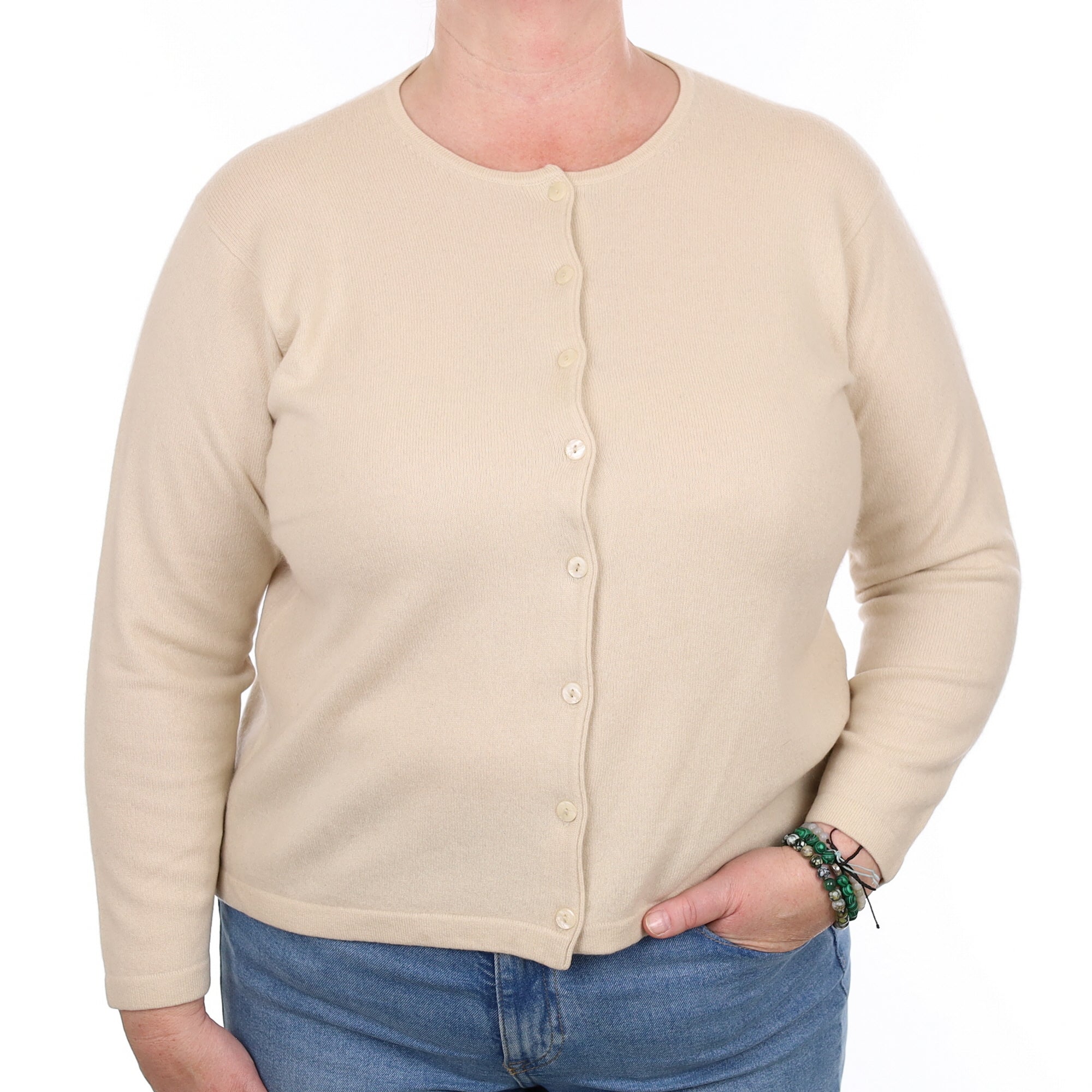 Oatmeal Cashmere Crew Neck Cardigan Extra Large