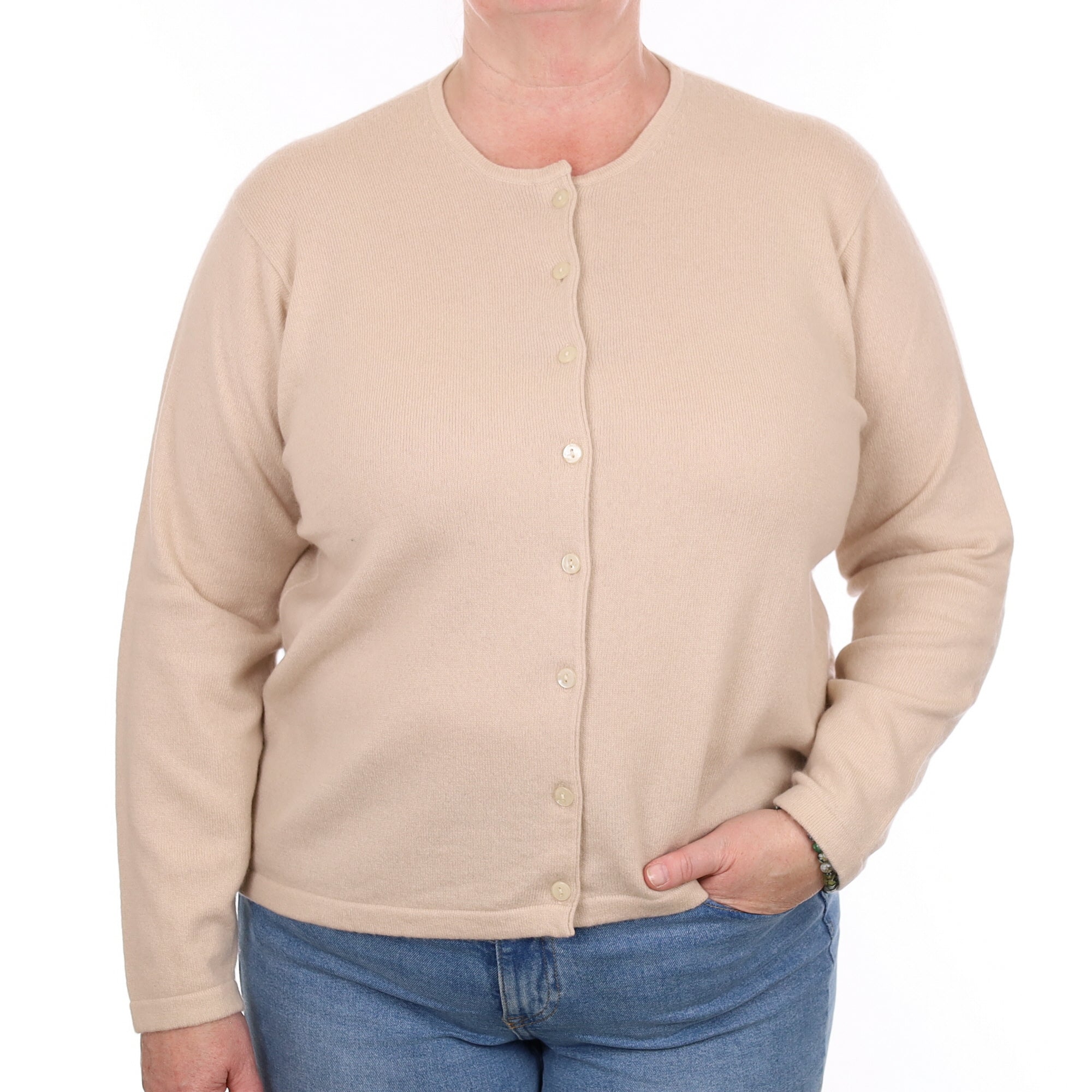 Buff Beige Cashmere Crew Neck Cardigan Extra Large