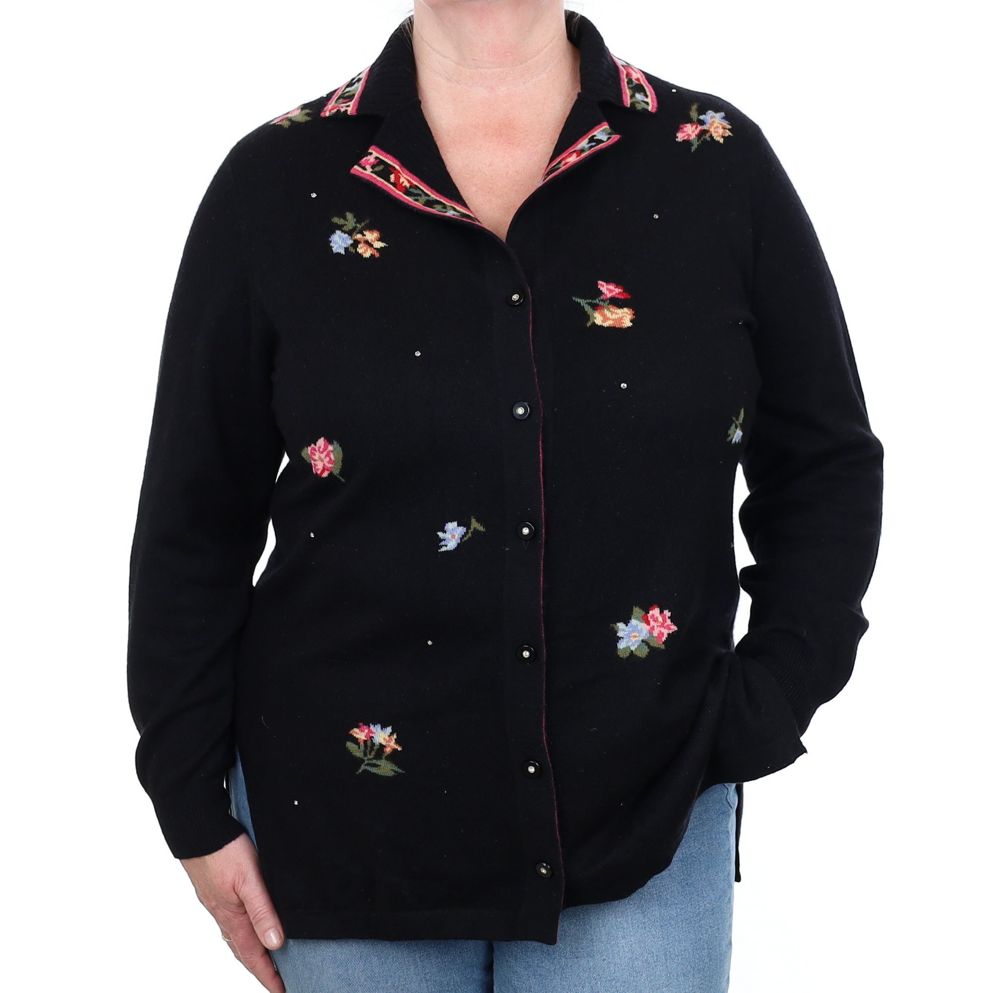 Black Floral Cashmere Collard V Neck Cardigan Extra Large
