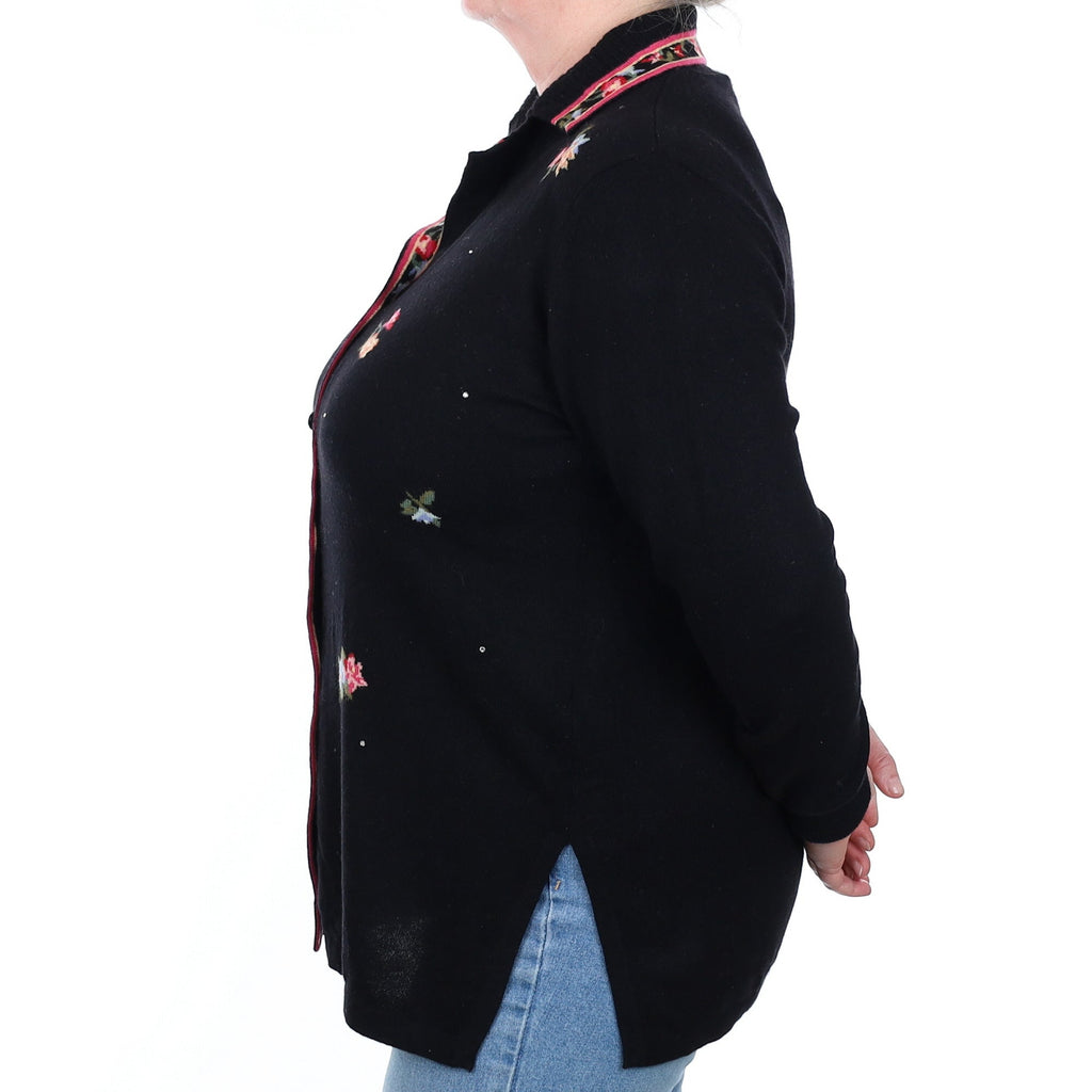 Black Floral Cashmere Collard V Neck Cardigan Extra Large