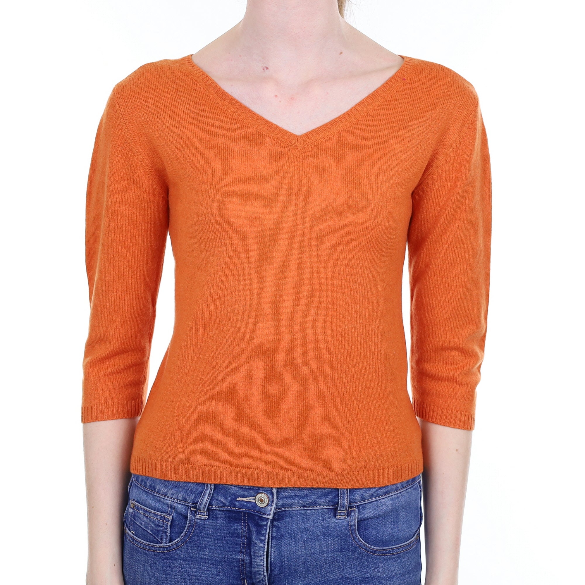 Pumpkin Orange Cashmere 3/4 sleeve V Neck Jumper Extra Small