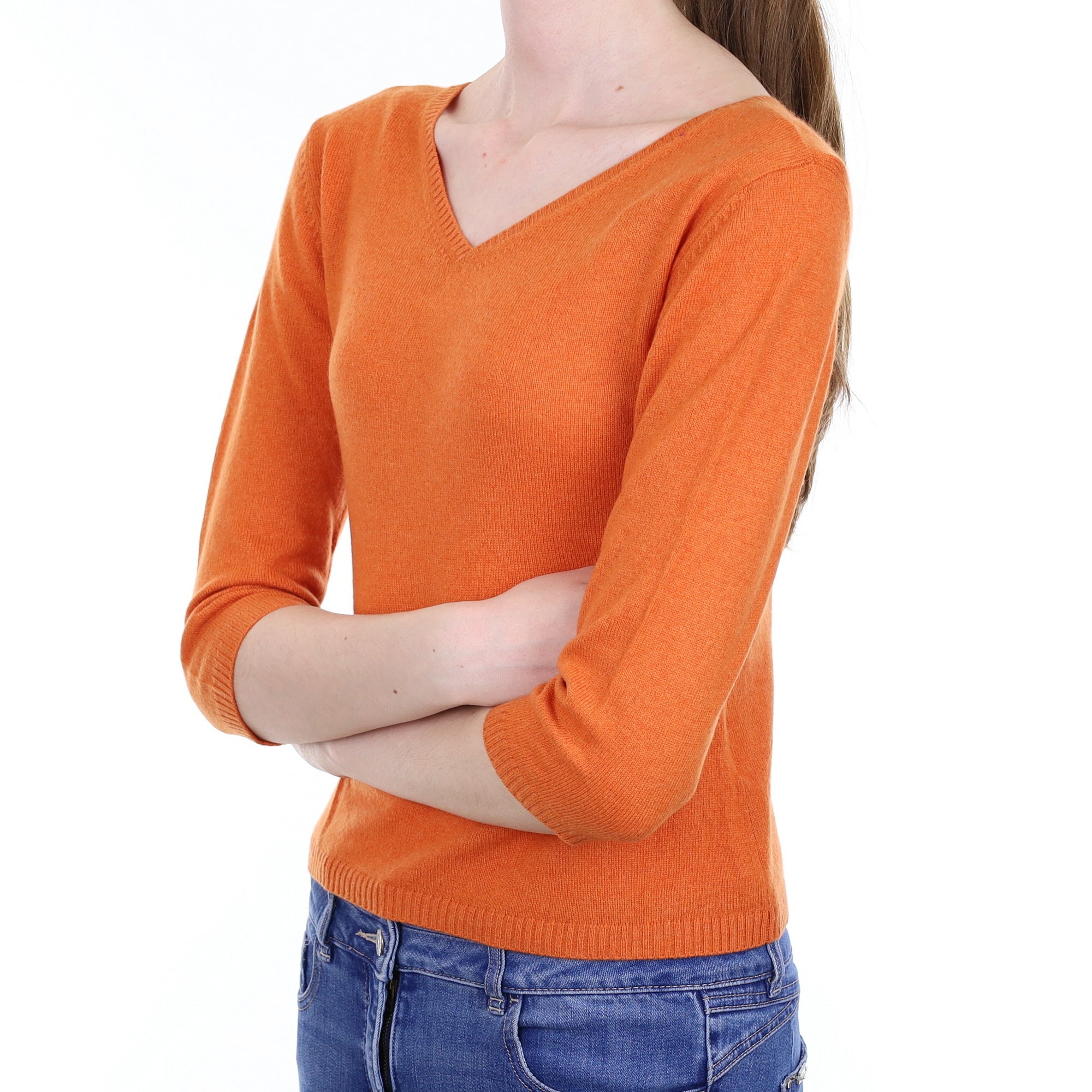 Pumpkin Orange Cashmere 3/4 sleeve V Neck Jumper Extra Small