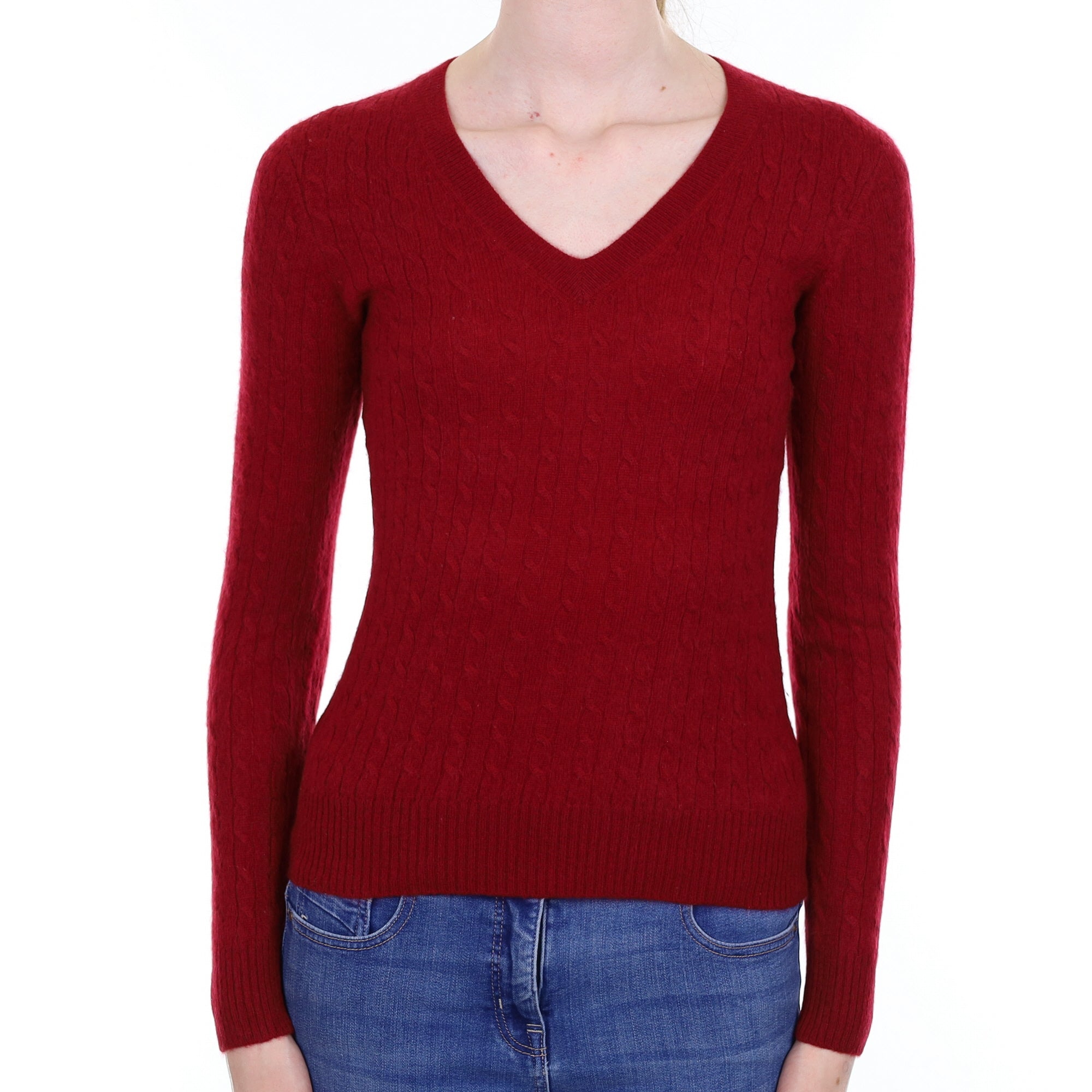 Burgundy Red Cable Cashmere V Neck Jumper Extra Small