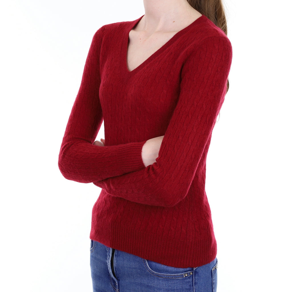 Burgundy Red Cable Cashmere V Neck Jumper Extra Small