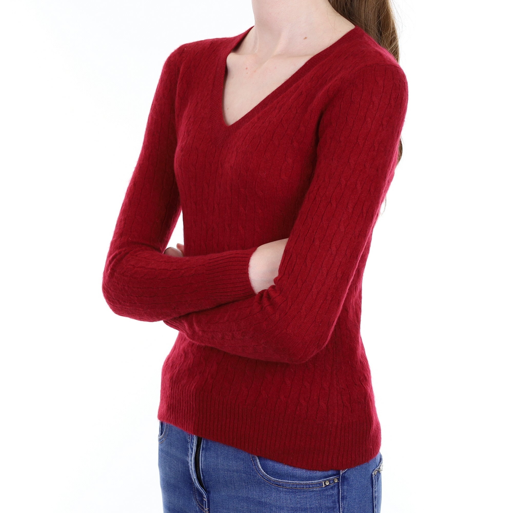 Burgundy Red Cable Cashmere V Neck Jumper Extra Small