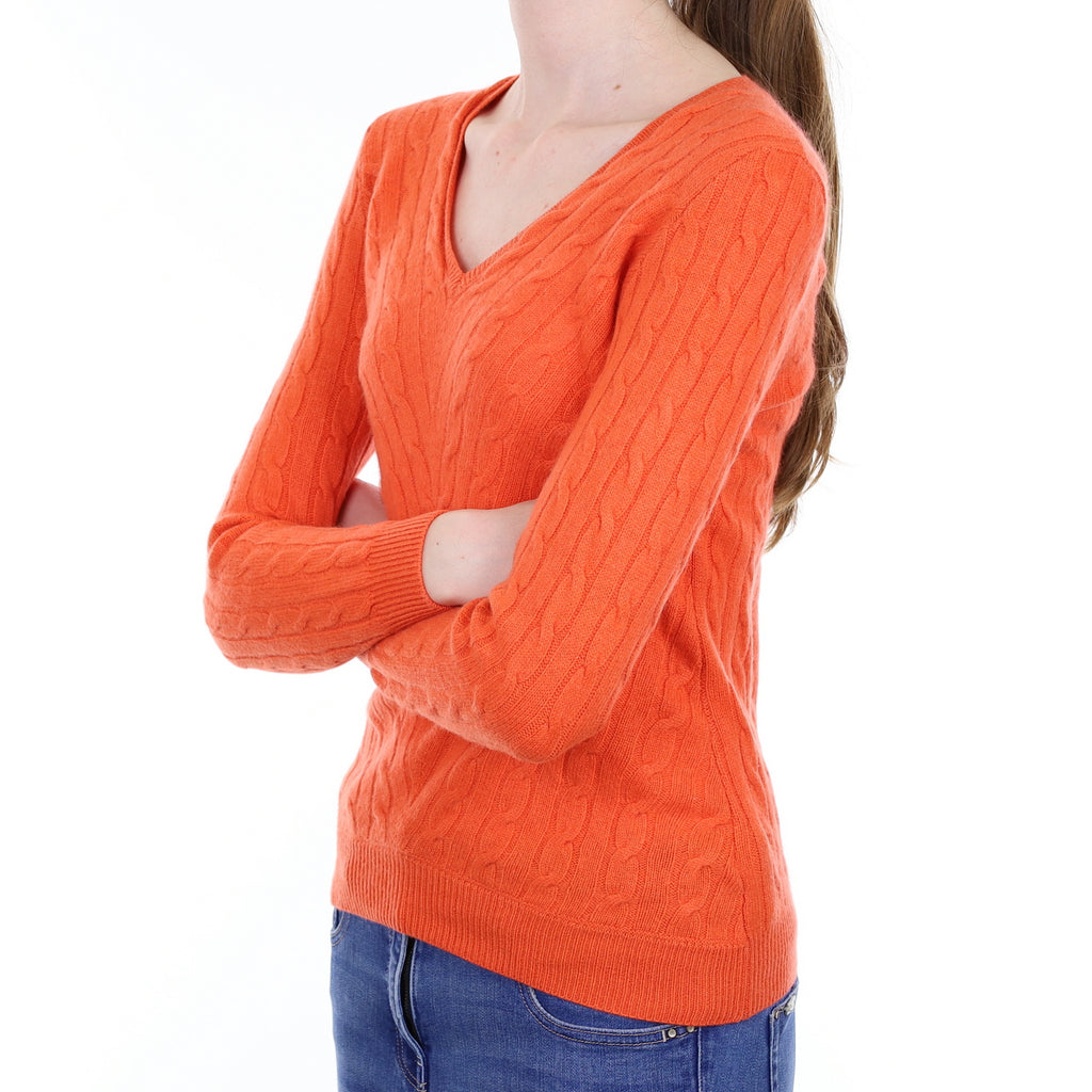 Tangerine Orange Cable Cashmere V Neck Jumper Extra Small
