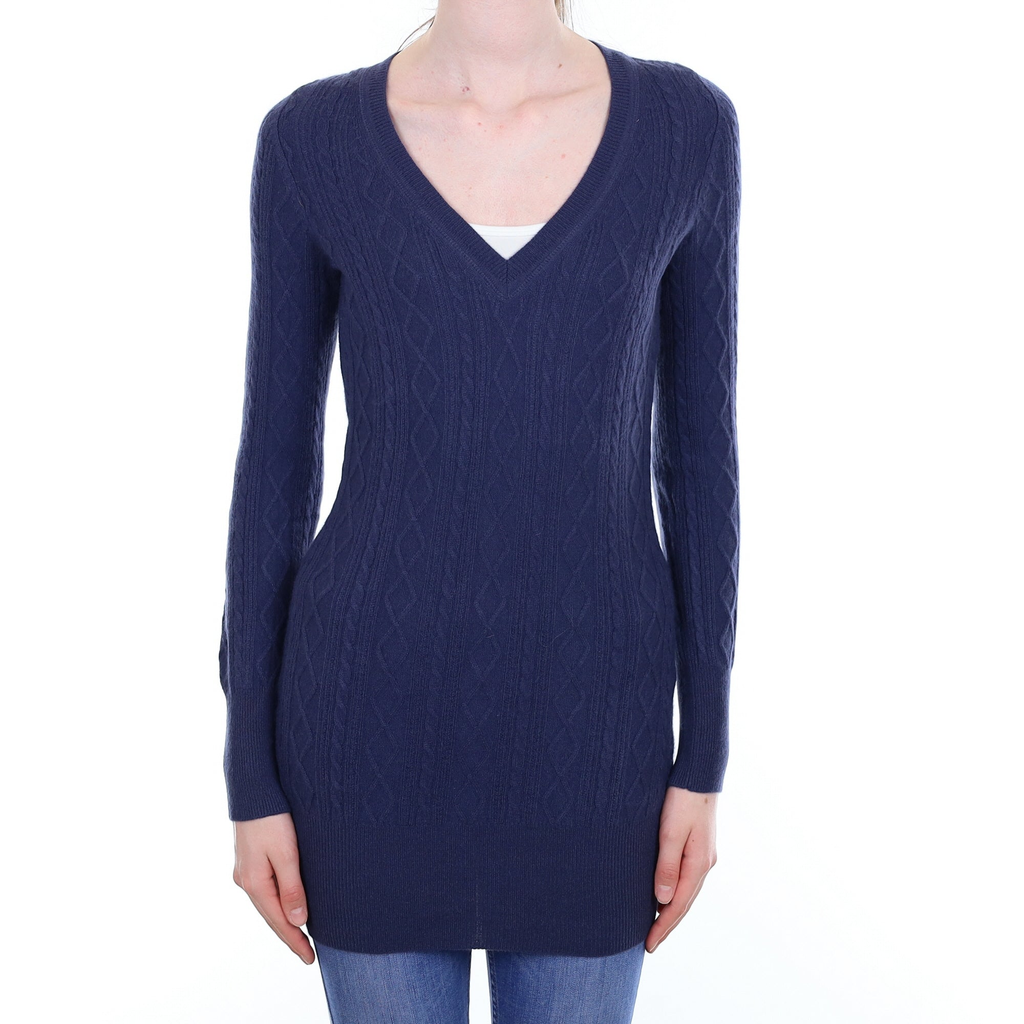 Navy Cable Cashmere Longline V Neck Jumper Extra Small