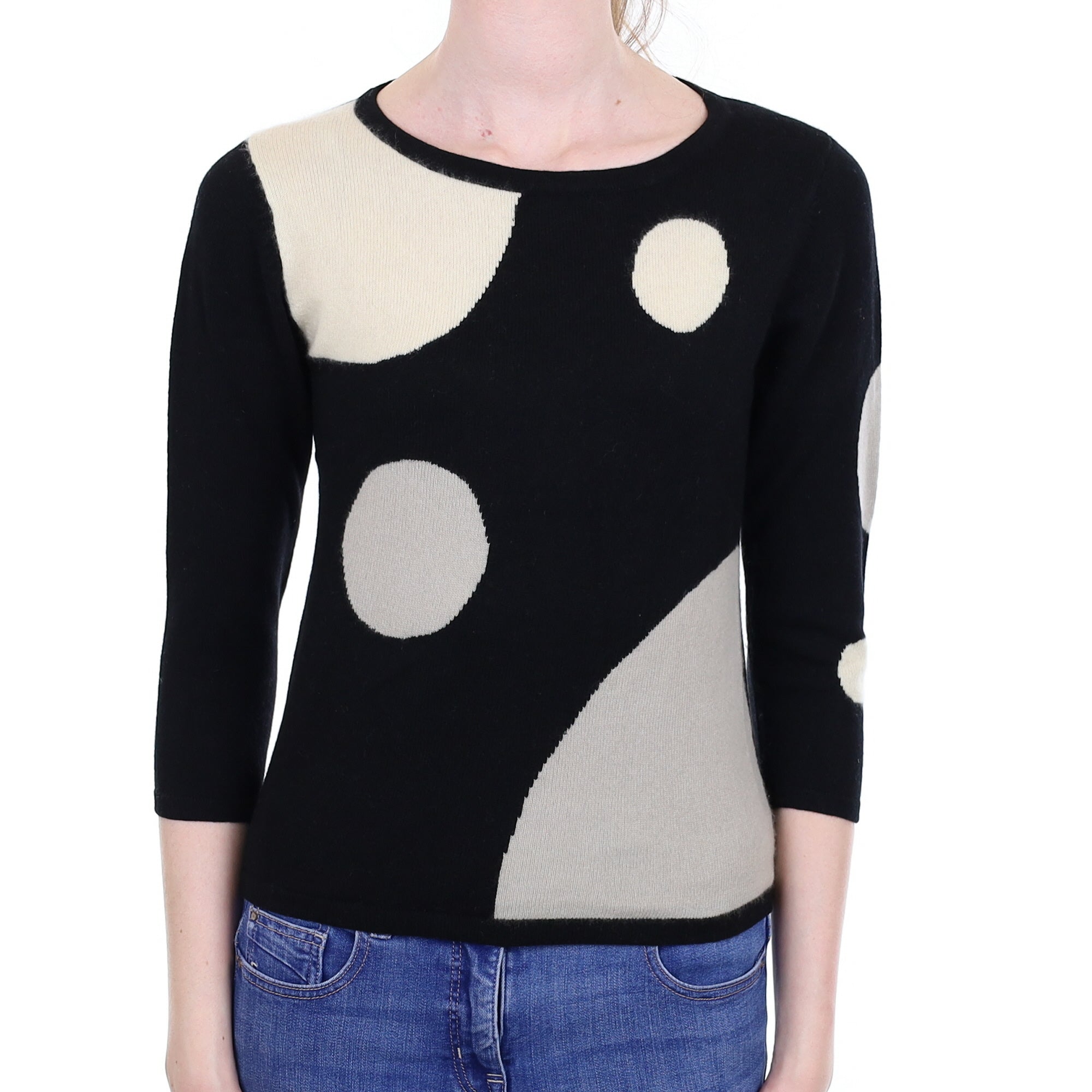 Black Patterned Cashmere 3/4 Sleeved Crew Neck Jumper Extra Small