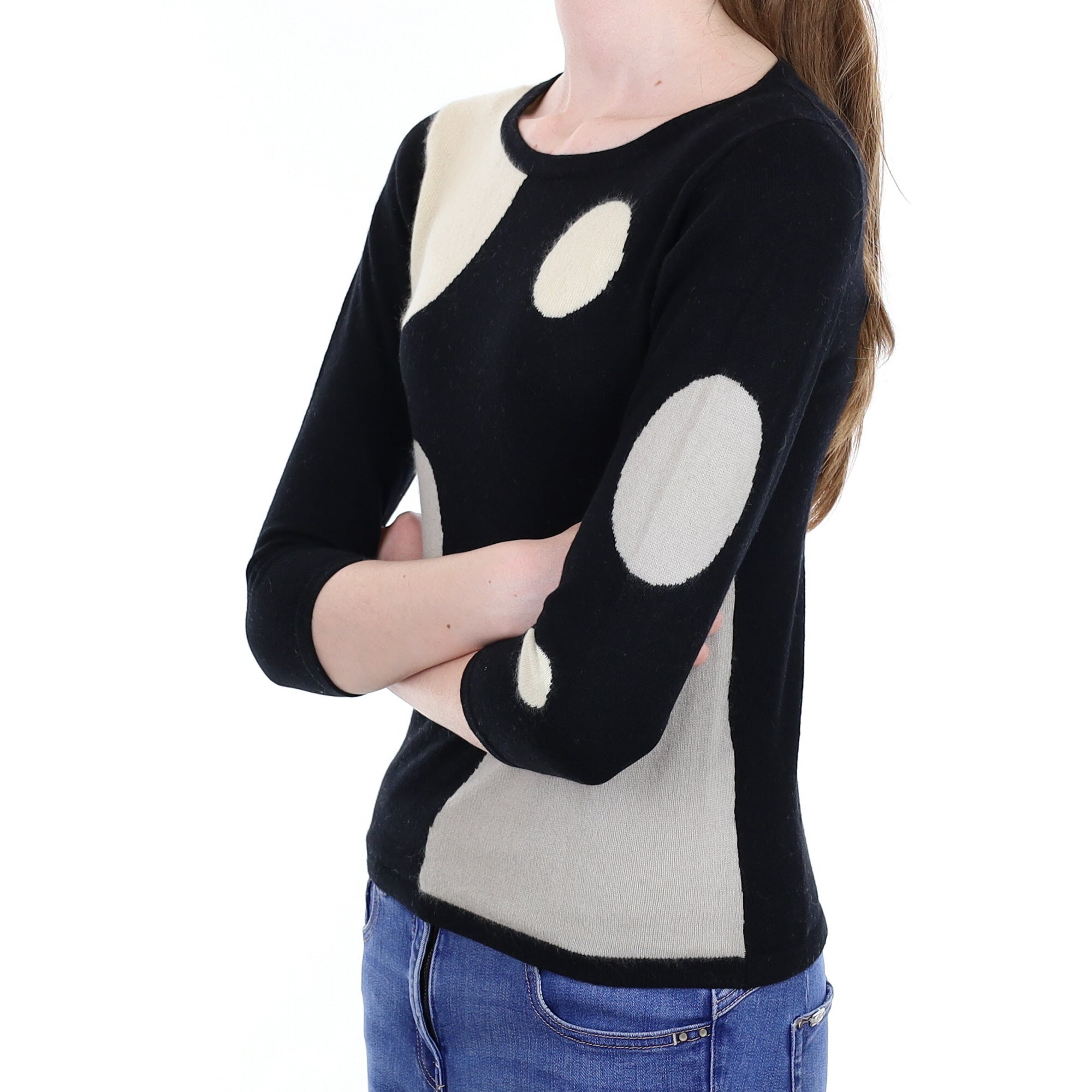 Black Patterned Cashmere 3/4 Sleeved Crew Neck Jumper Extra Small