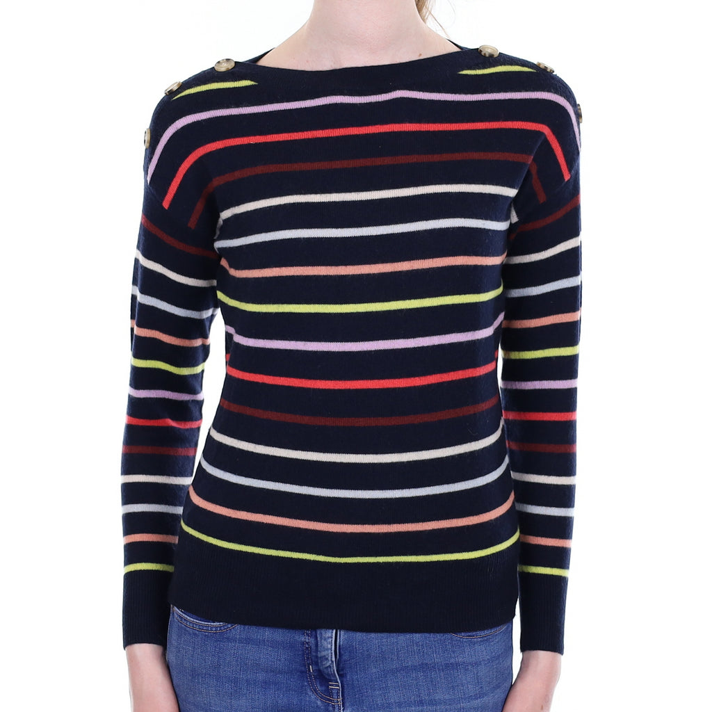 Navy Striped Cashmere Boat Neck Jumper Extra Small