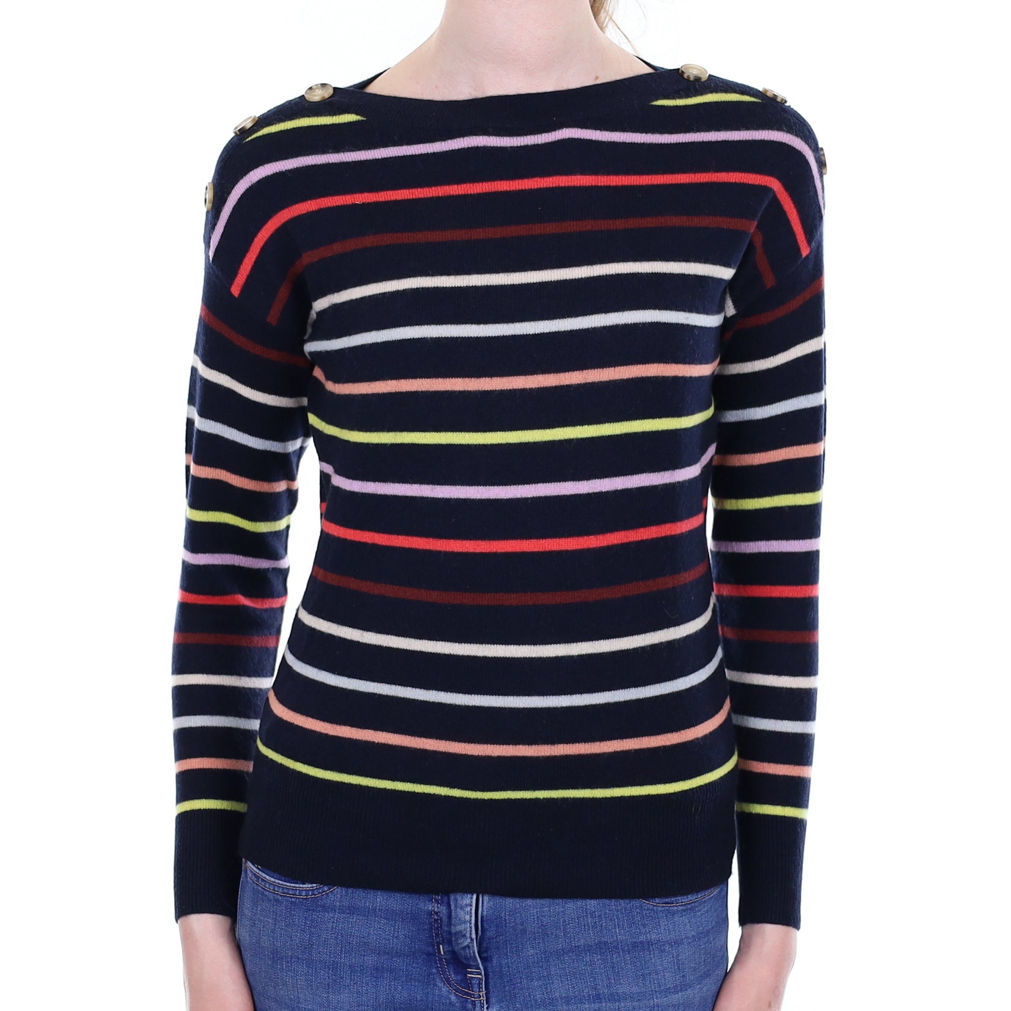 Navy Striped Cashmere Boat Neck Jumper Extra Small