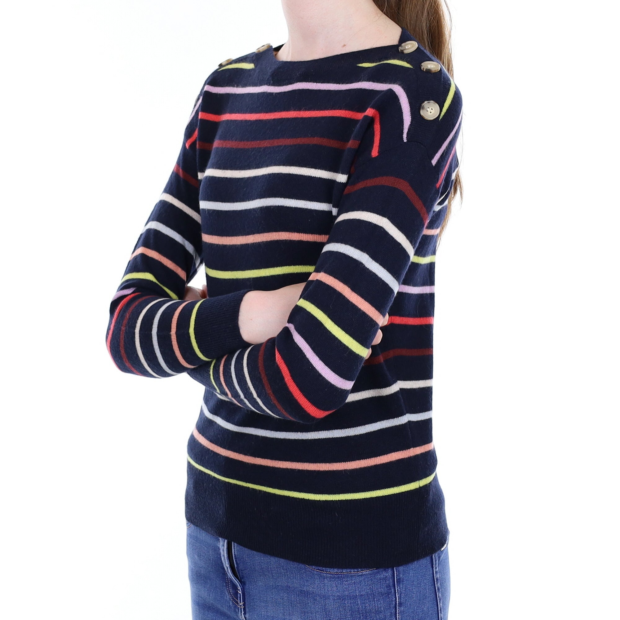 Navy Striped Cashmere Boat Neck Jumper Extra Small