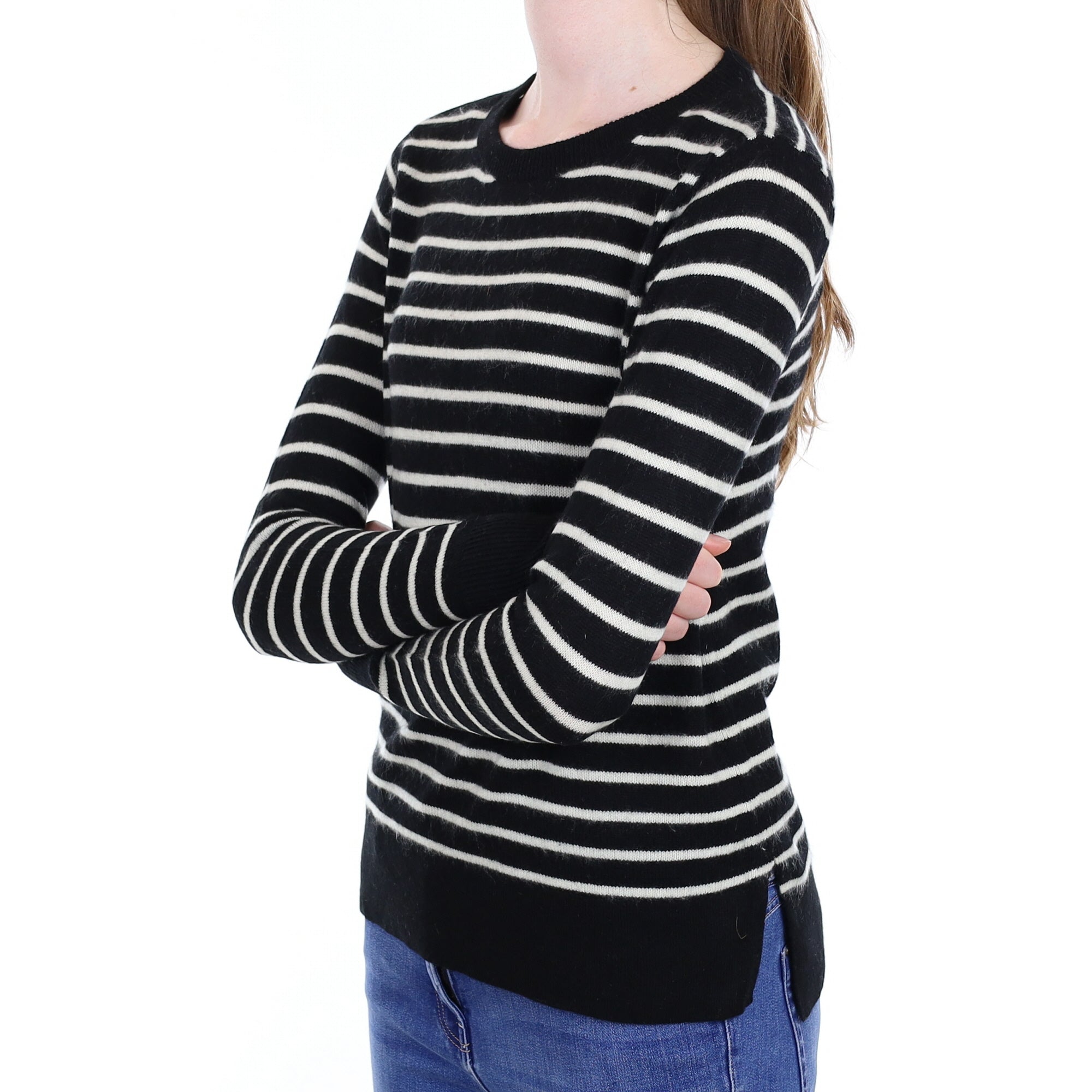 Black Striped Cashmere Crew Neck Jumper Extra Small