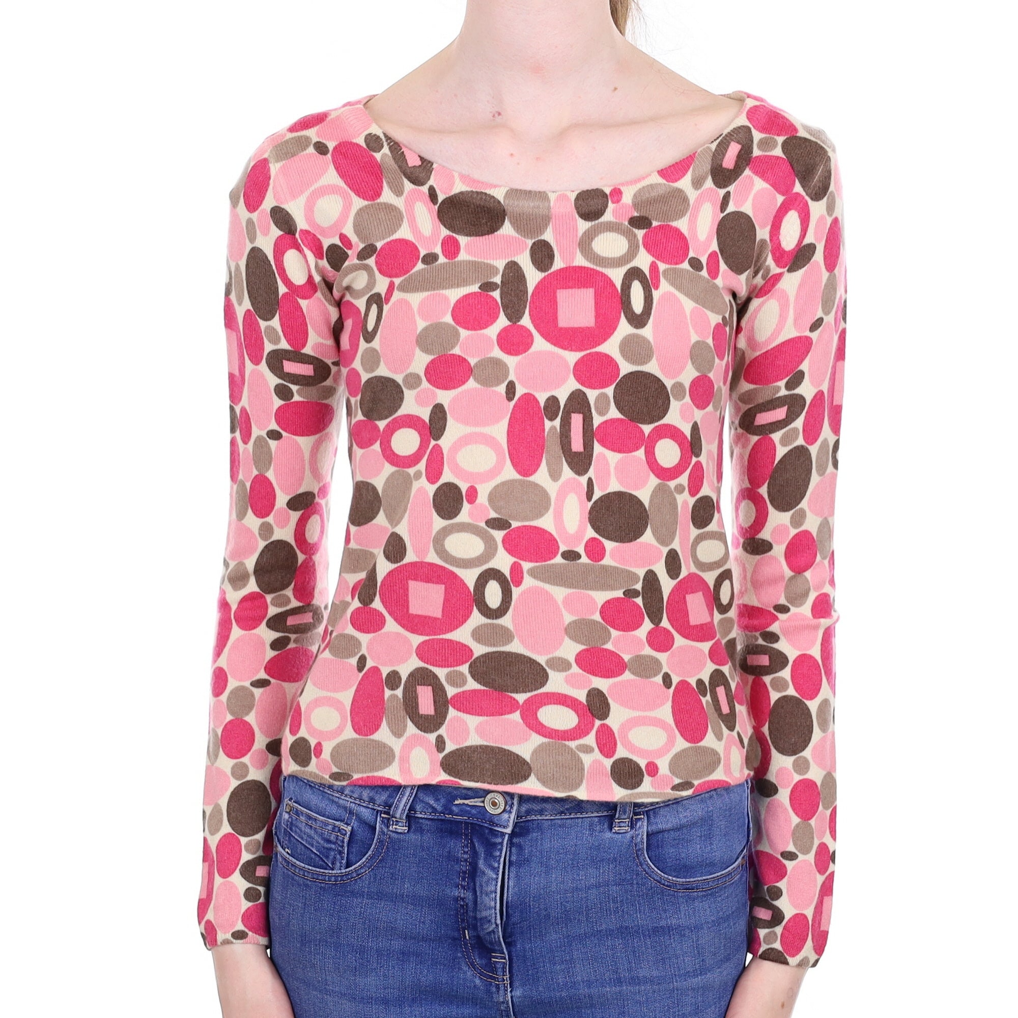 Cream, Pink and Brown Patterned Cashmere Crew Neck Jumper Extra Small