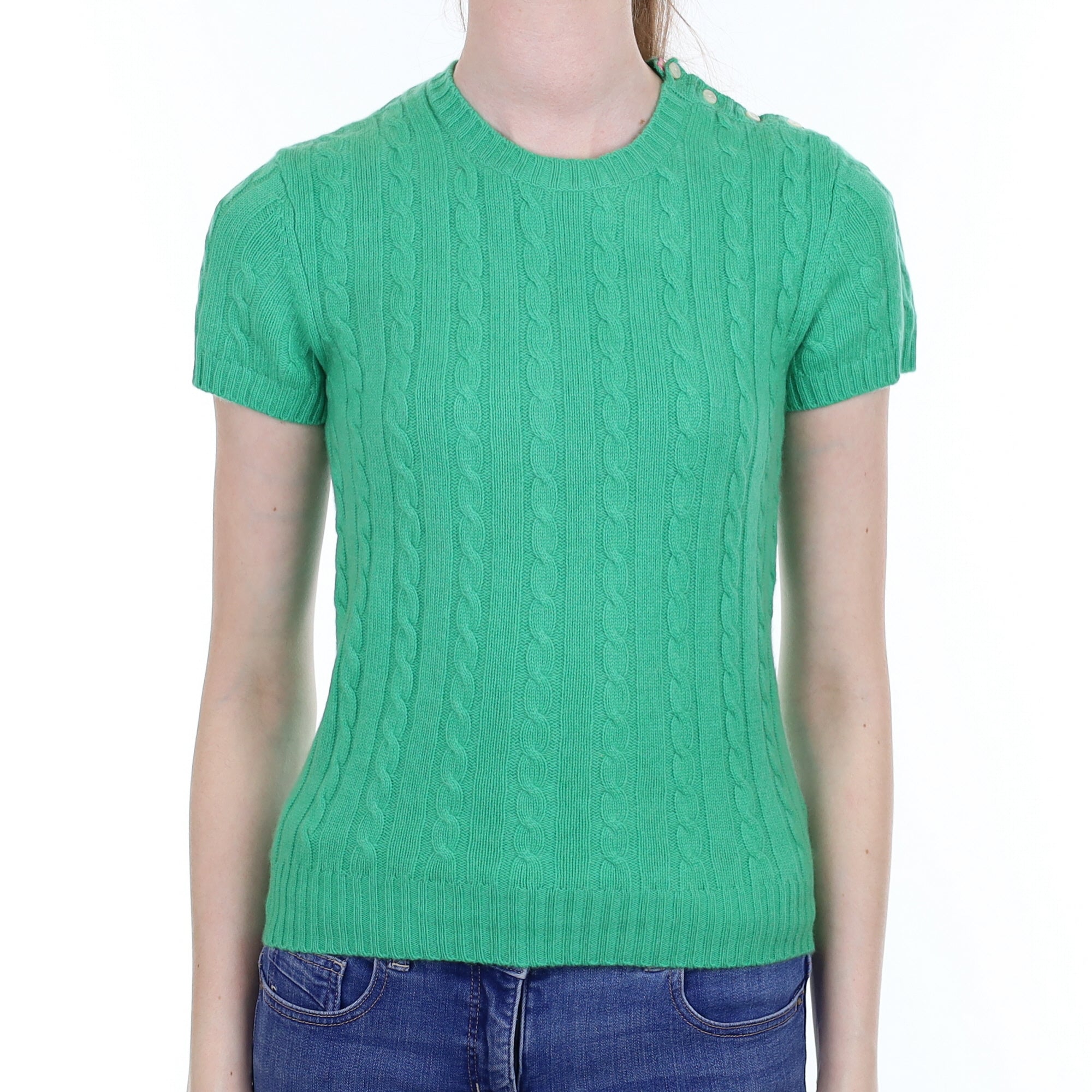Jade Green Cable Cashmere Short Sleeved Crew Neck Jumper Extra Small