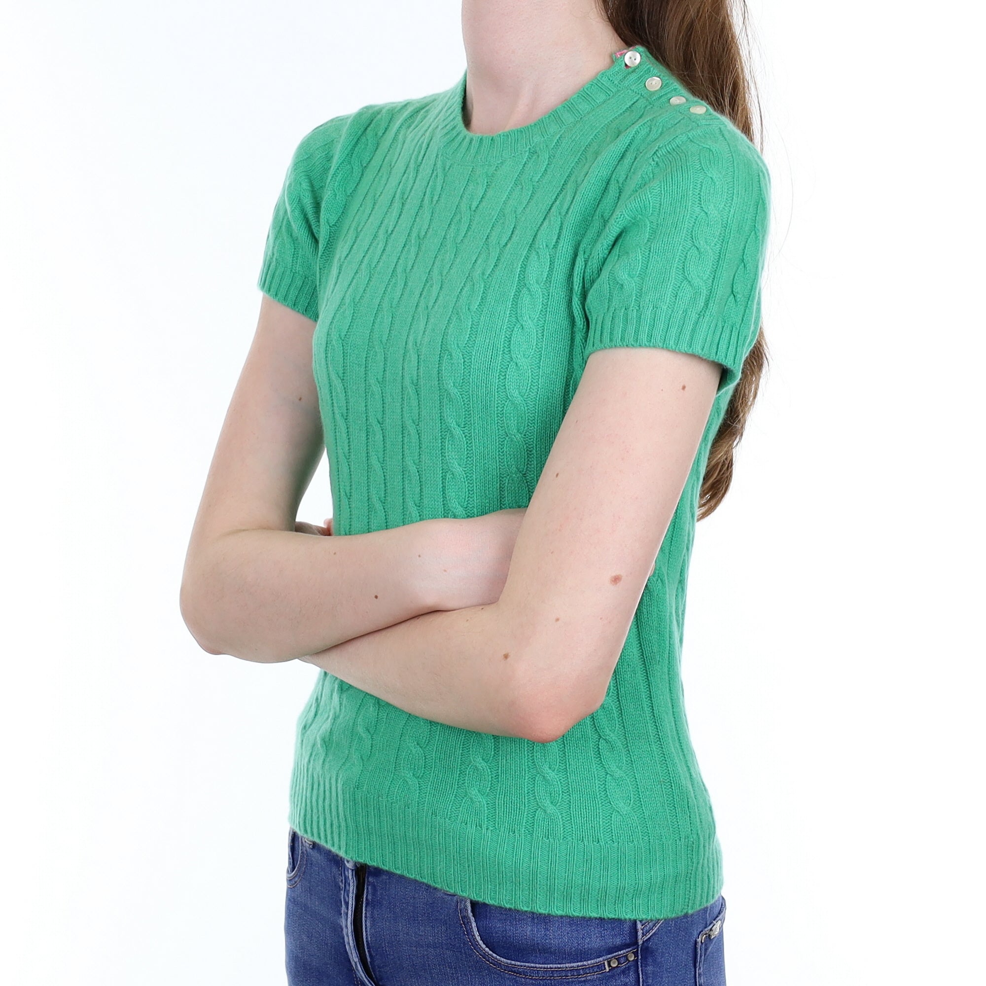 Jade Green Cable Cashmere Short Sleeved Crew Neck Jumper Extra Small