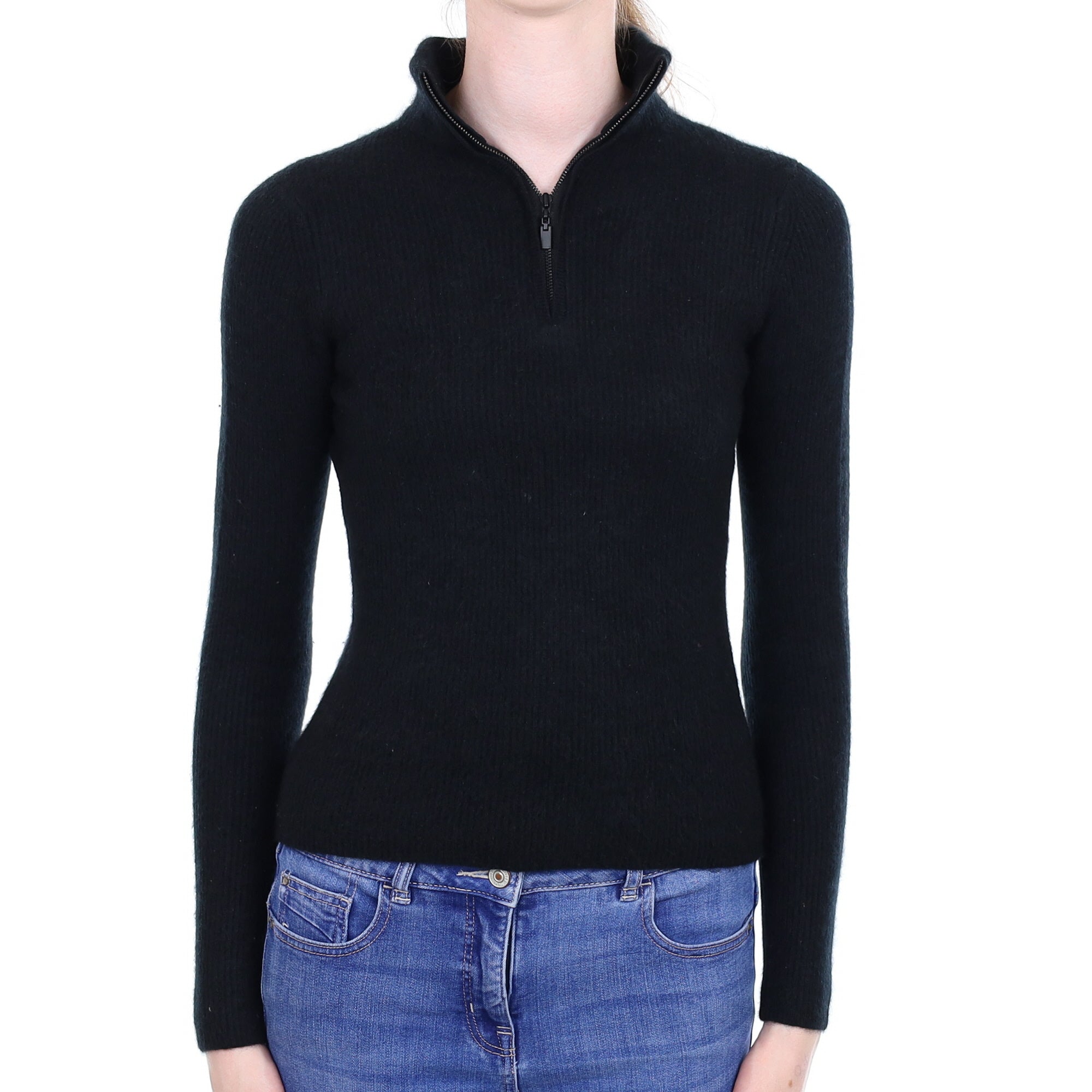 Black Ribbed Cashmere Quarter Zip Jumper Extra Small