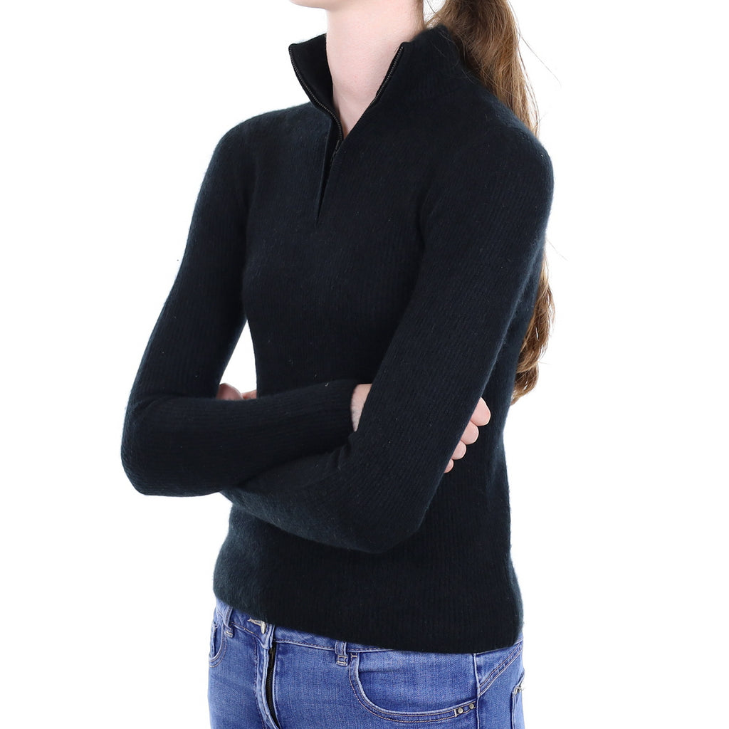 Black Ribbed Cashmere Quarter Zip Jumper Extra Small