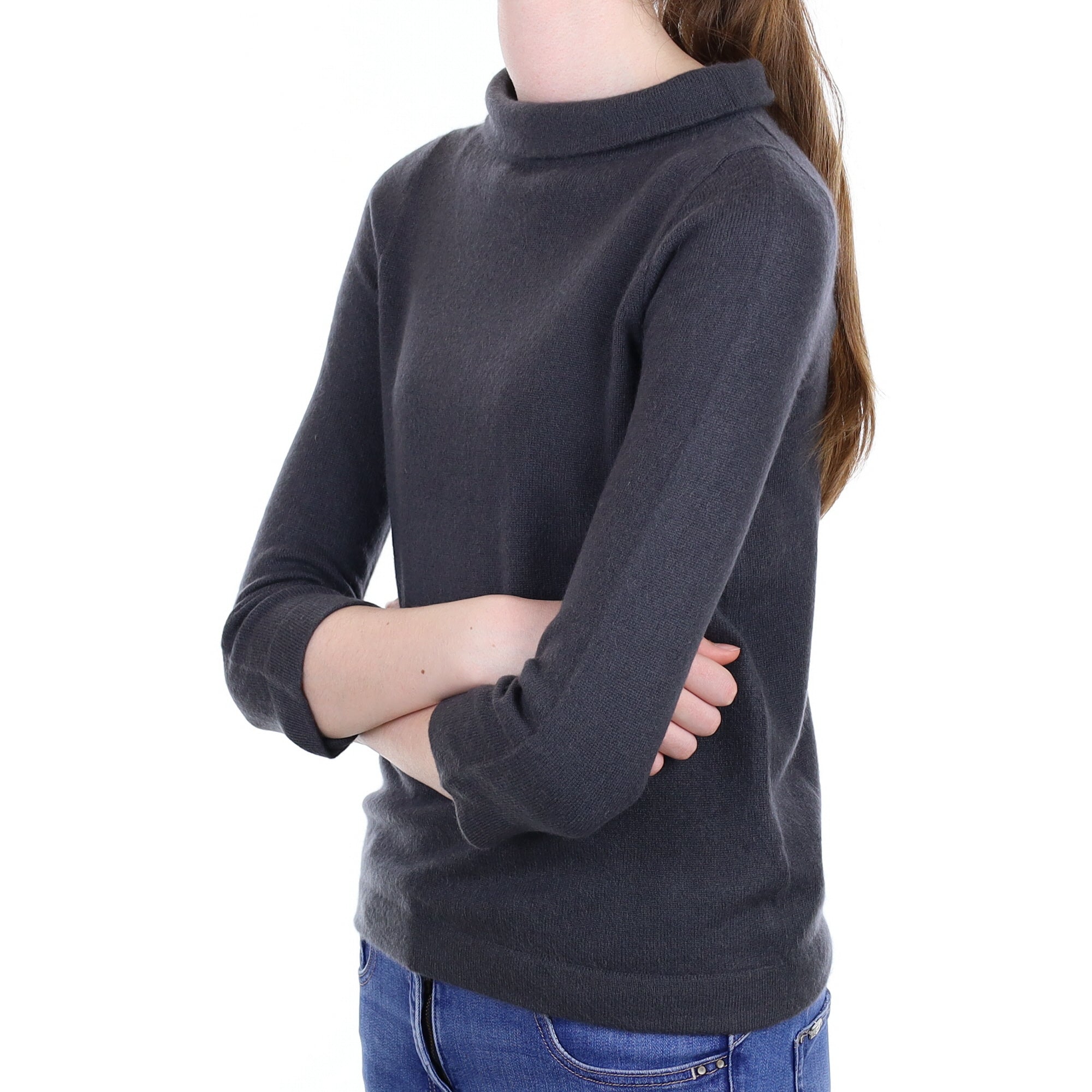 Graphite Grey Cashmere 3/4 Sleeve Funnel Neck Jumper Extra Small