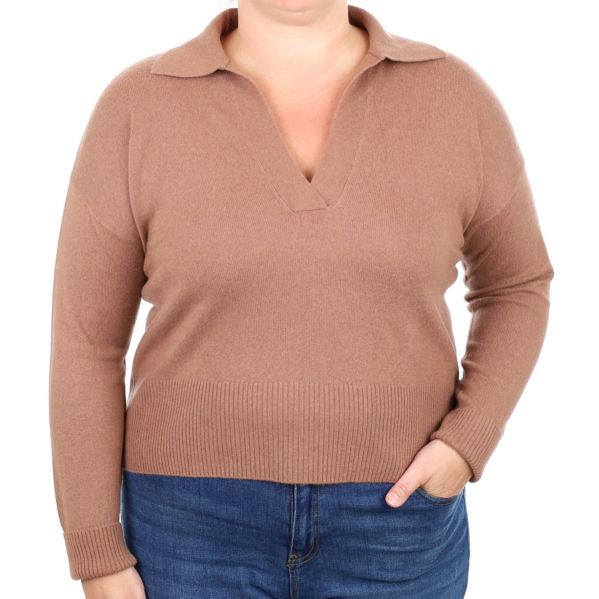 Saddle Brown Cashmere Collard  V Neck Jumper Large