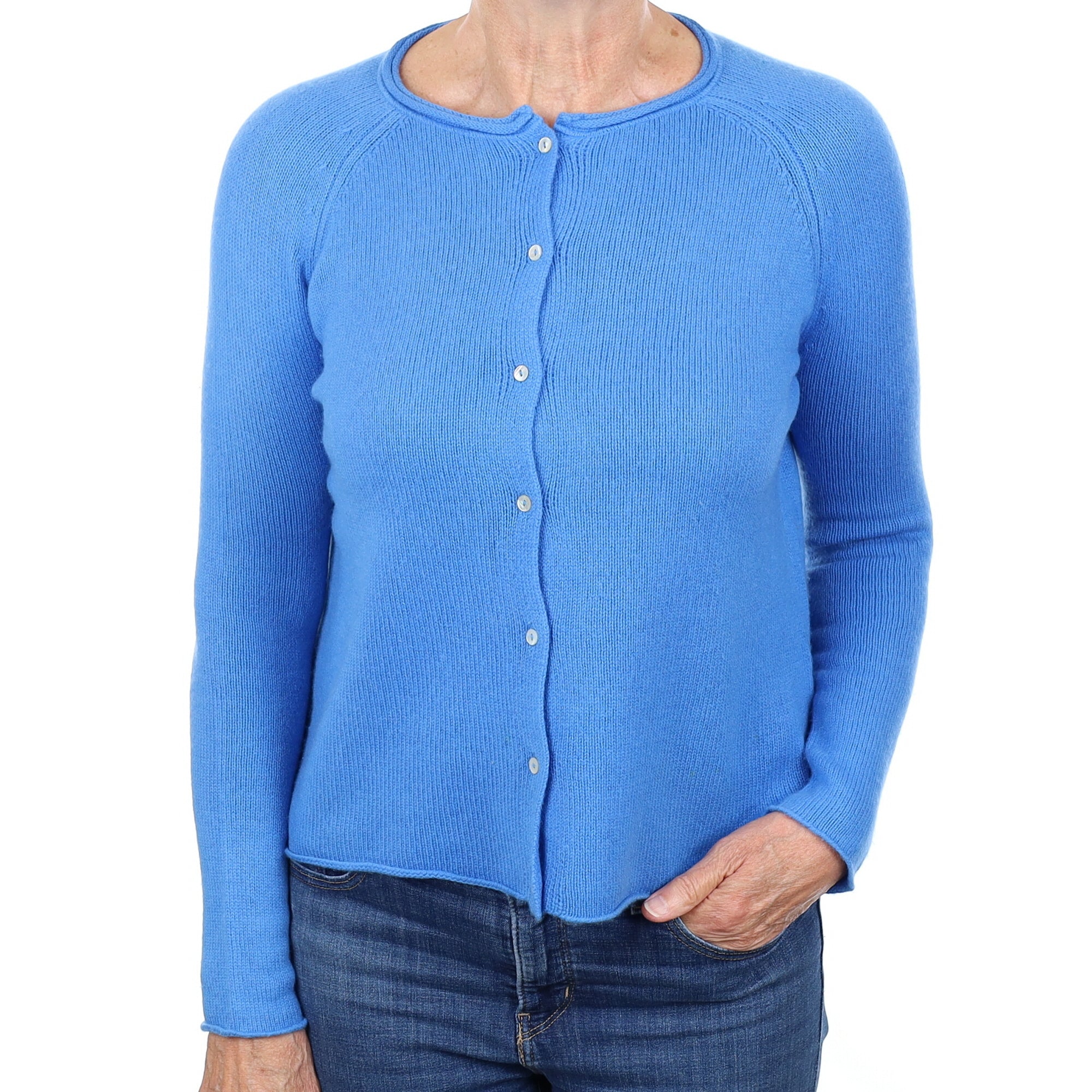 Cornflower Blue Bow Detail Cashmere Crew Neck Cardigan Medium