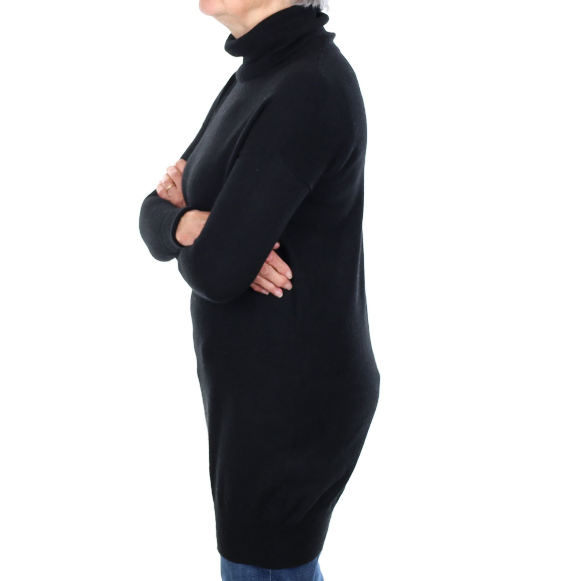 Black Cashmere Longline Polo Neck Jumper Medium
