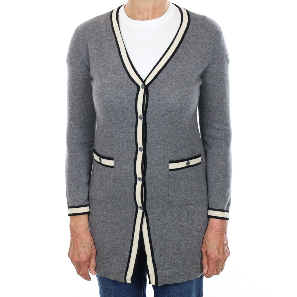 Grey Ivory Trimmed Cashmere V Neck Cardigan with Pockets Medium
