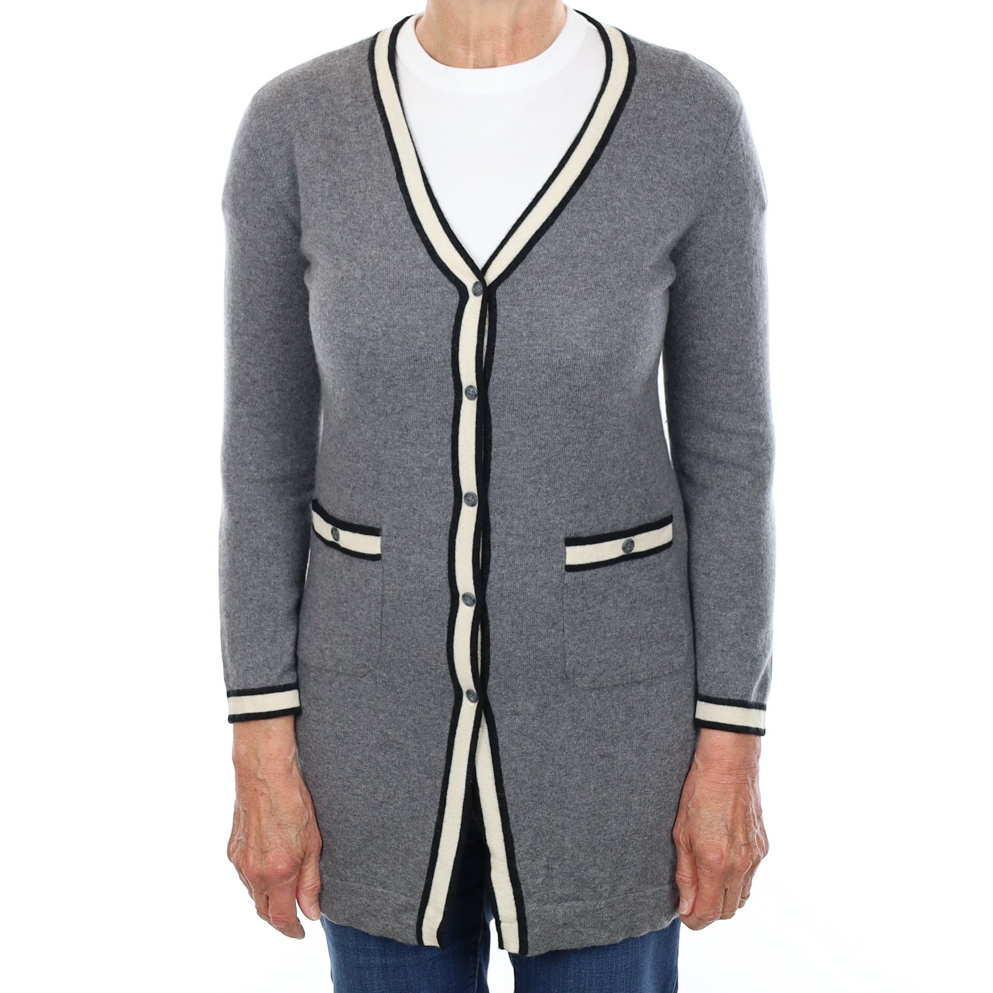 Grey Ivory Trimmed Cashmere V Neck Cardigan with Pockets Medium
