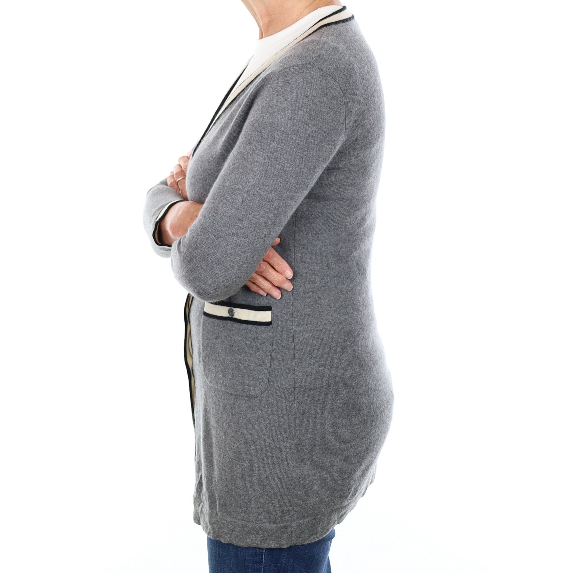 Grey Ivory Trimmed Cashmere V Neck Cardigan with Pockets Medium