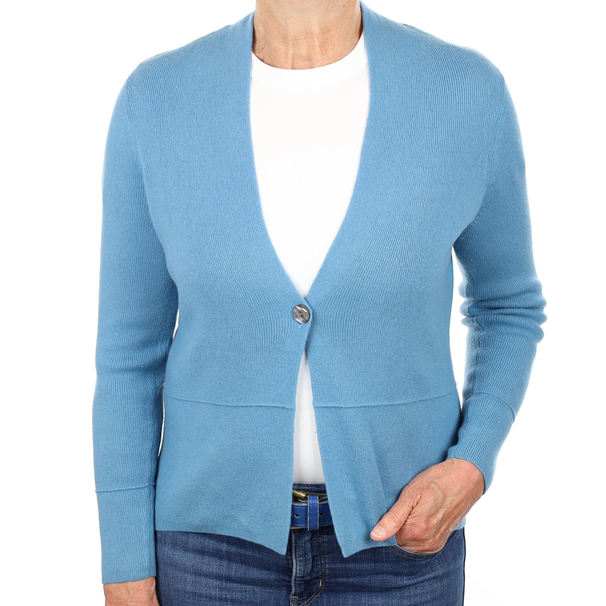 Mediterranean Blue Rib Cashmere V Neck Cardigan Medium