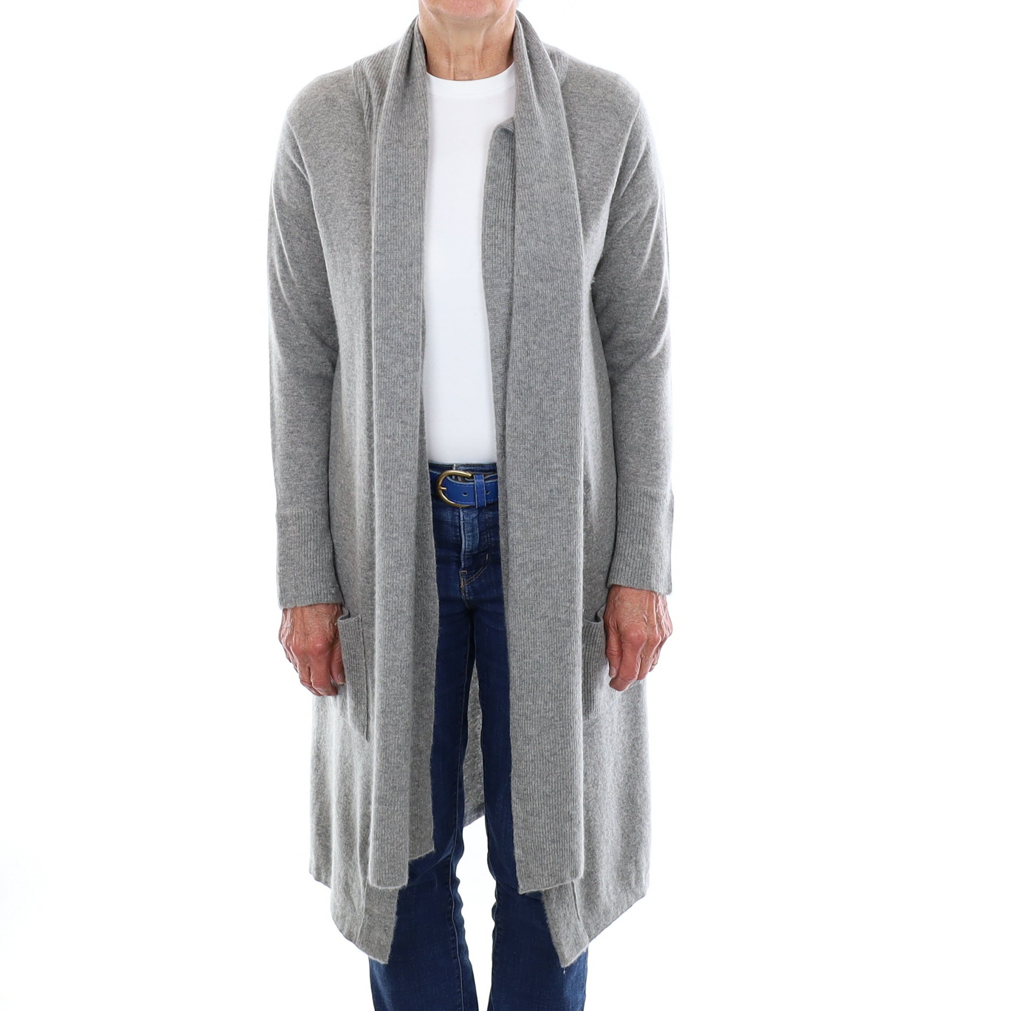 Scottish Ash Grey Cashmere Longline Cardigan with Pockets and Scarf Medium