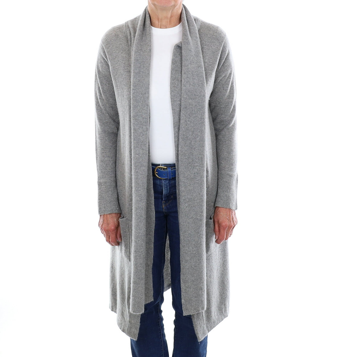 Scottish Ash Grey Cashmere Longline Cardigan with Pockets and Scarf Medium