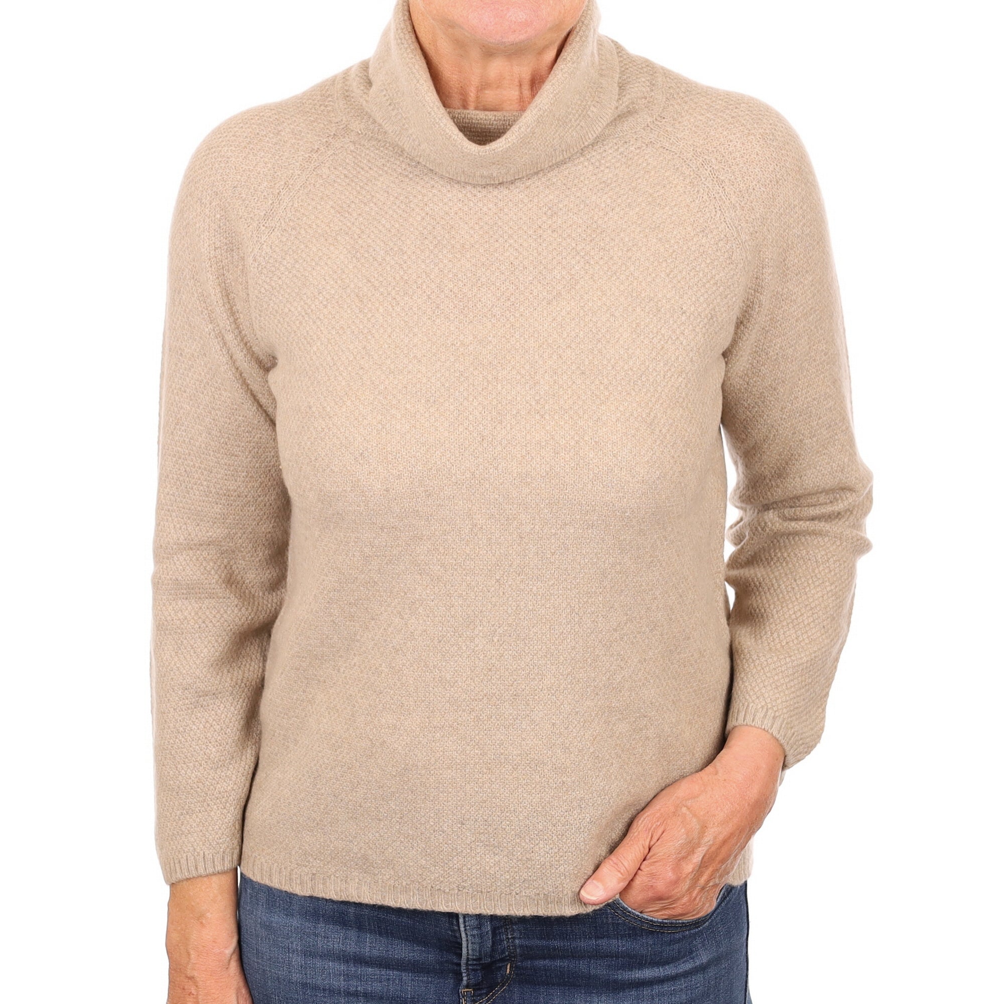 Italian Fawn Waffle Cashmere Funnel Neck Jumper Medium
