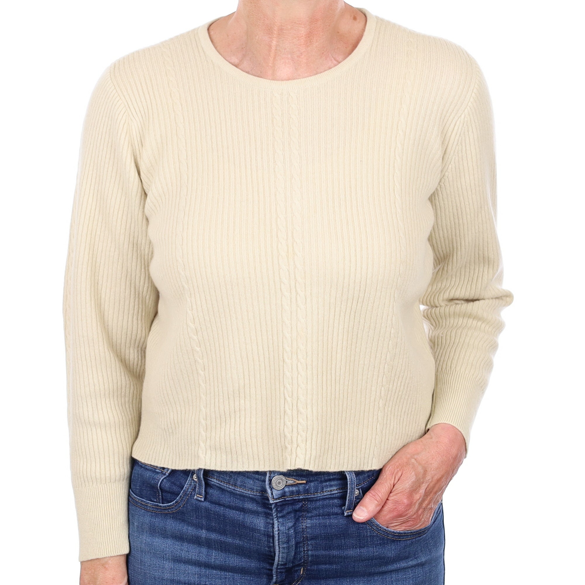 Sand Cable & Rib Cashmere Crew Neck Jumper Medium