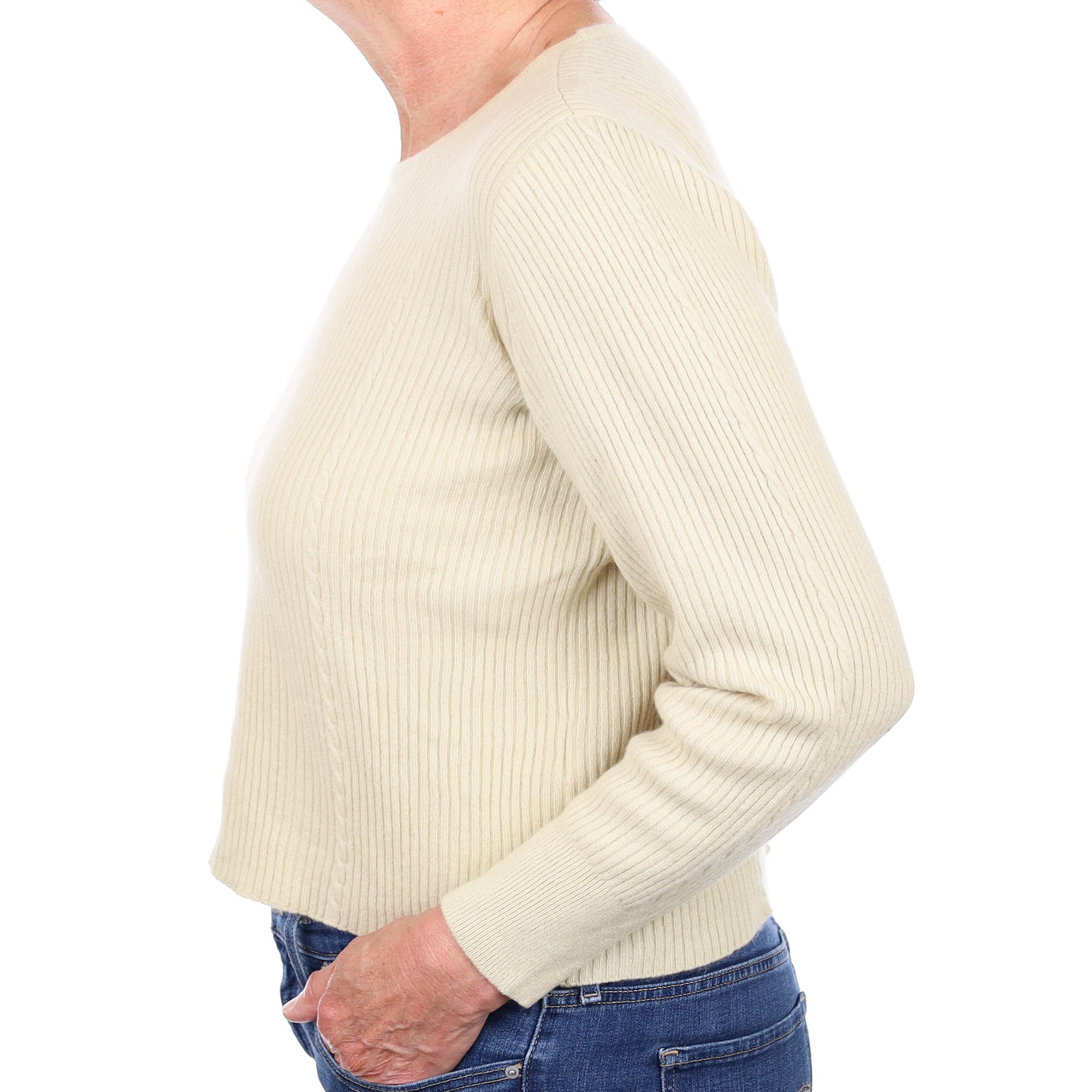 Sand Cable & Rib Cashmere Crew Neck Jumper Medium