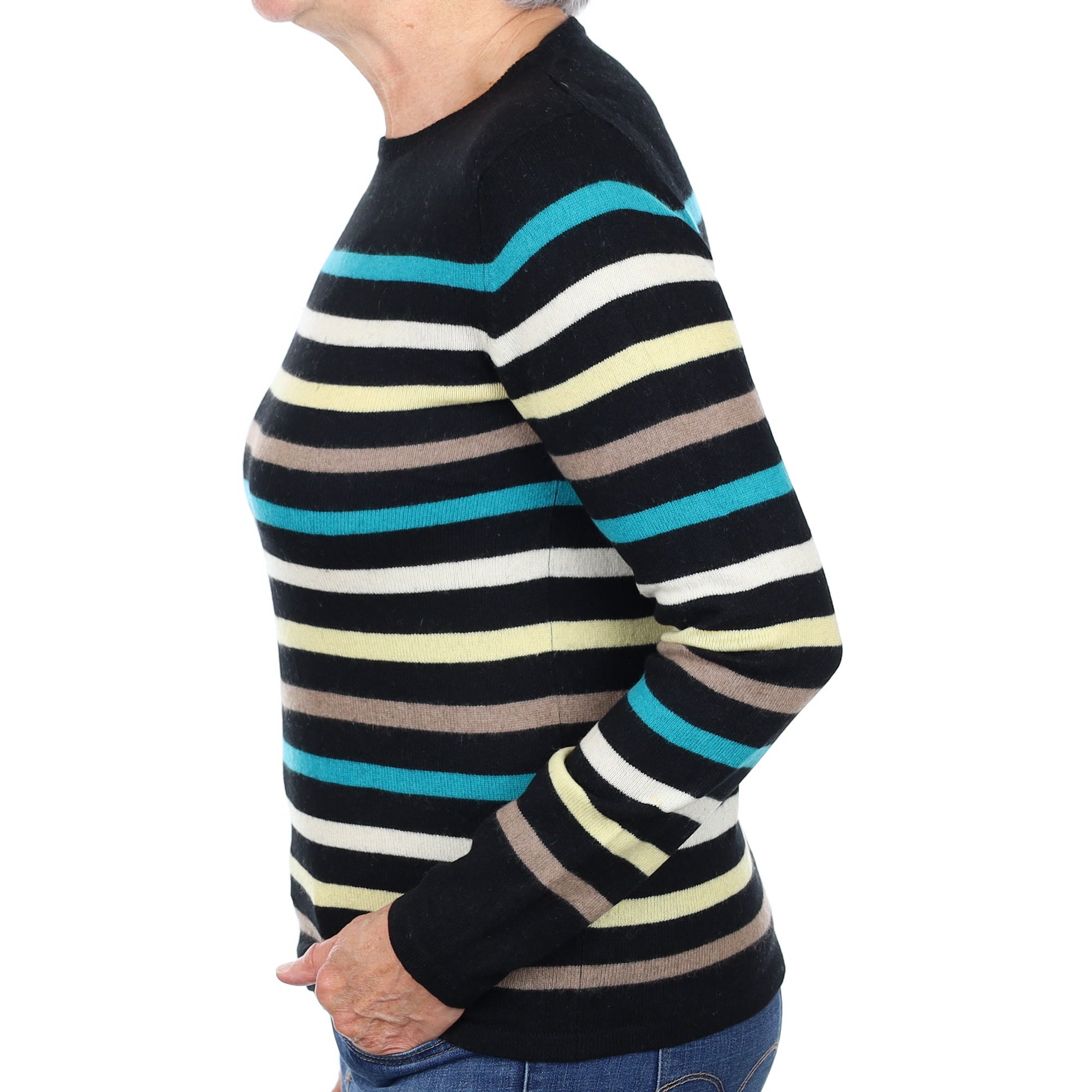 Black Multicolour Stripe Cashmere Crew Neck Jumper Medium
